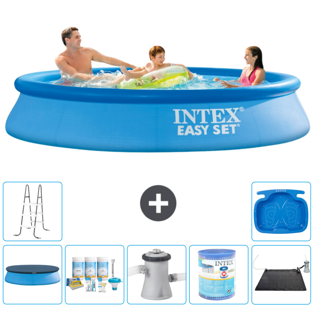 Okrúhly nafukovací bazén Intex Easy Set - 305 x 61 cm - modrý - obsahuje kryt - balík na údržbu - filtračné čerpadlo pre bazén - filter - solárna podložka - rebrík