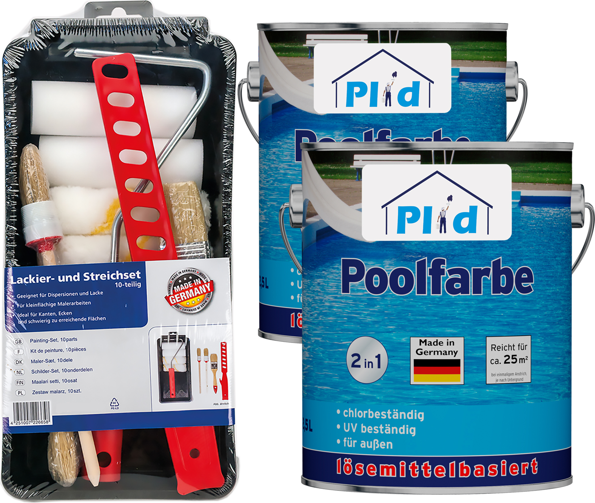 Plid Poolfarbe 5L mit Anstreichset - für ca. 50m² Poolblau – Schwimmbeckenfarbe & Unterwasserfarbe für Beton- und Zementpools, wasserfest
