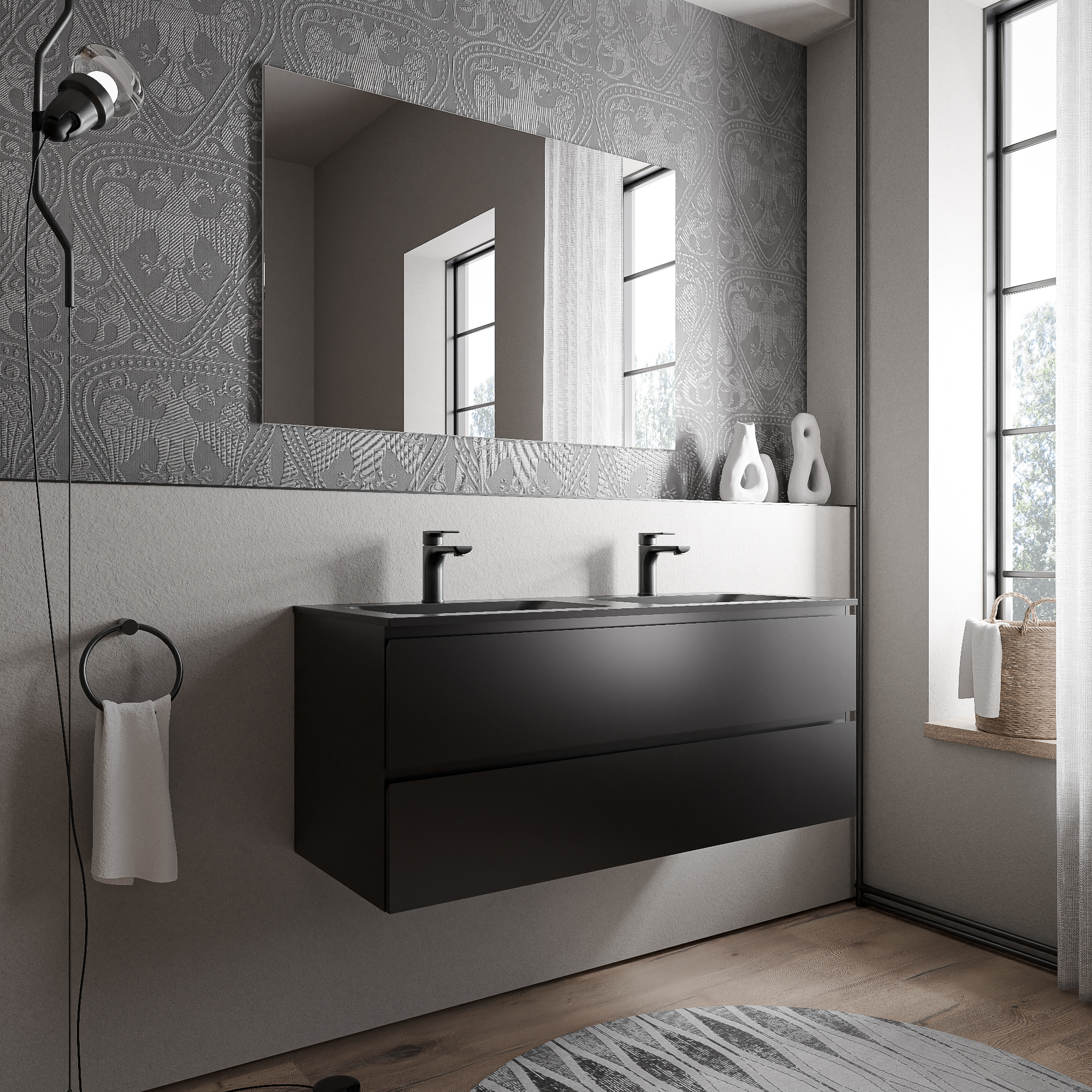 Unterschrank AVA 120 cm mit Mineralguss Waschbecken BRUXELLES - Farbe wählbar, Auswahl Waschbecken:Schwarz matt mit Hahnloch, Farbe Badmöbel:Schwarz matt