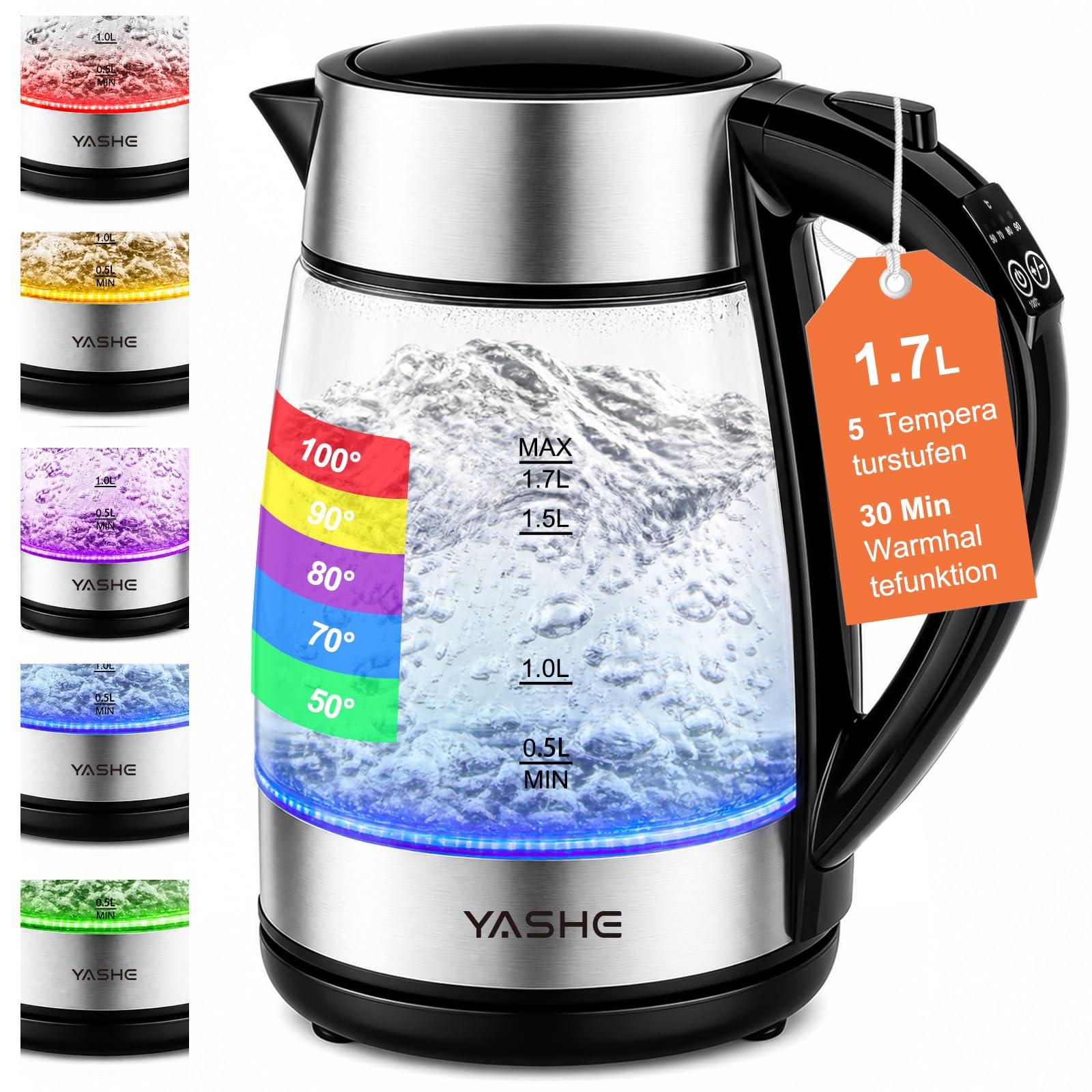 YASHE Wasserkocher mit Temperatureinstellung 1,7L 2200W Glas FK-1805-1-E