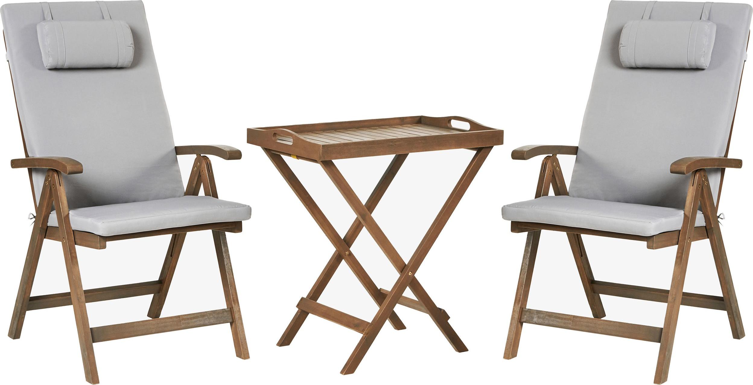 BELIANI Záhradný bistro set z masívneho akáciového dreva so svetlosivými vankúšmi stôl 2 stoličky s nastaviteľným operadlom skladací balkónový nábytok v rustikálnom štýle