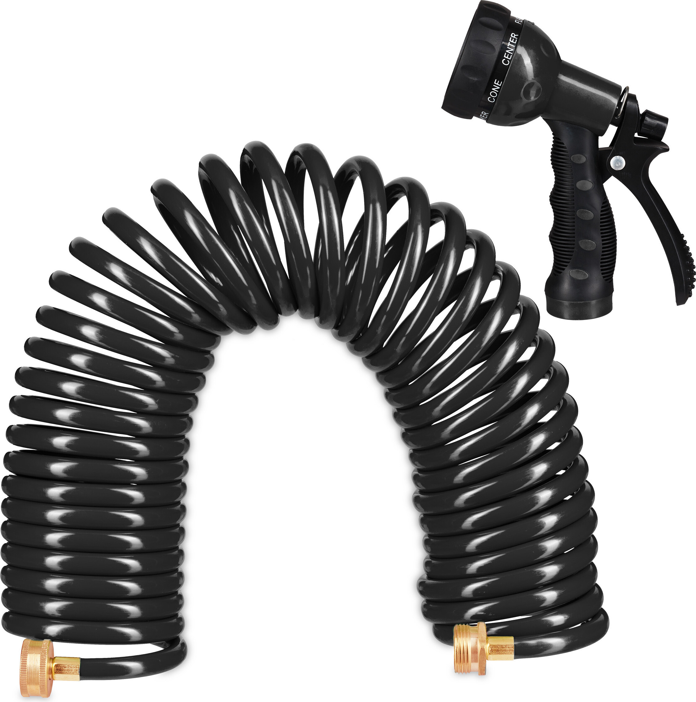 Relaxdays Spiralschlauch Wasser, bis 10 m ausziehbar, flexibler Gartenschlauch mit Wasserbrause, 7 Strahlarten, schwarz 10035896_0