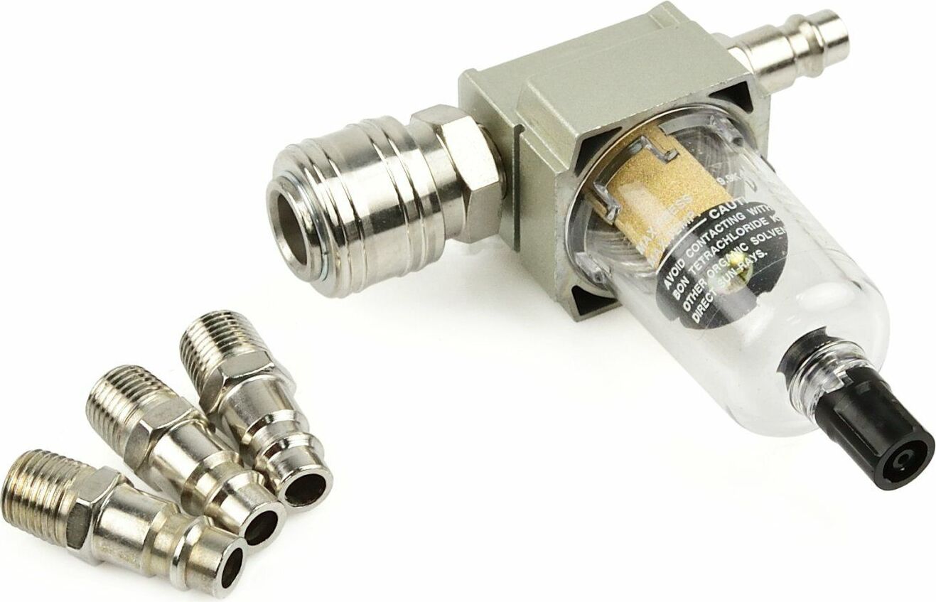 Geko Luftfilter mit Dehydrator 1/4" für korrosionsgefährdete Werkzeuge - Polycarbonatbehälter, max. 1 MPa, ideal zum Lackieren und Filtern von Wassertröpfchen.