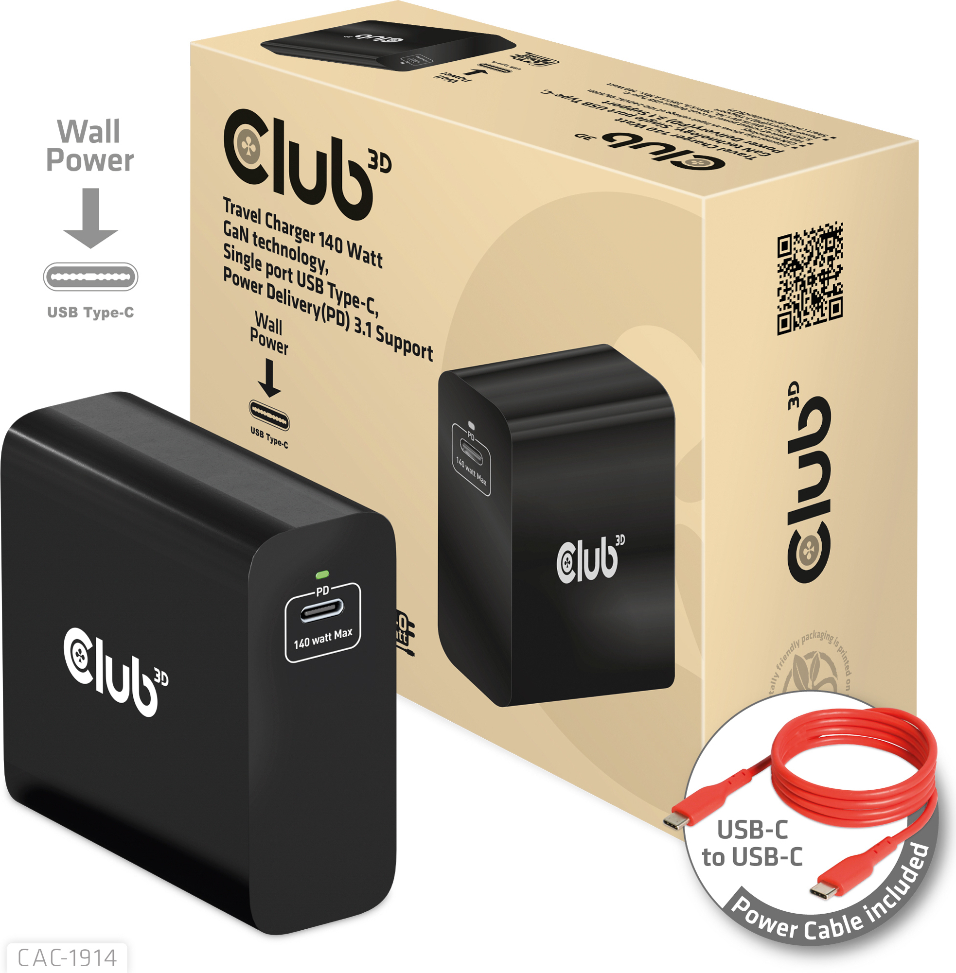 Club 3D CLUB3D Ladegerät 140 Watt GaN-Technologie, Einzelanschluss USB Typ-C, Power Delivery (PD) 3.1 Unterstützung, Drinnen, AC, USB, 28 V, 1 m, Schwarz CAC-1914