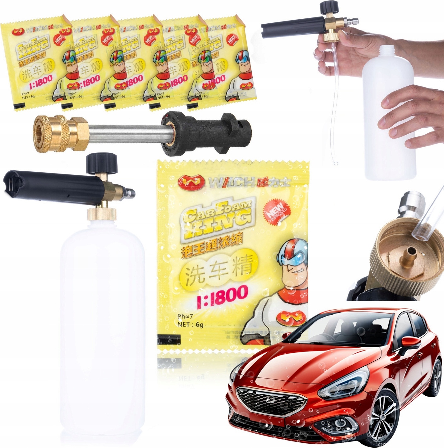 Rosfix Set 5x Aktivschaum – Schaumbildungspulver 6g + Schaumsprüher 1000 ml + Lanze / Adapter (1/4QRC-Kärcher K)