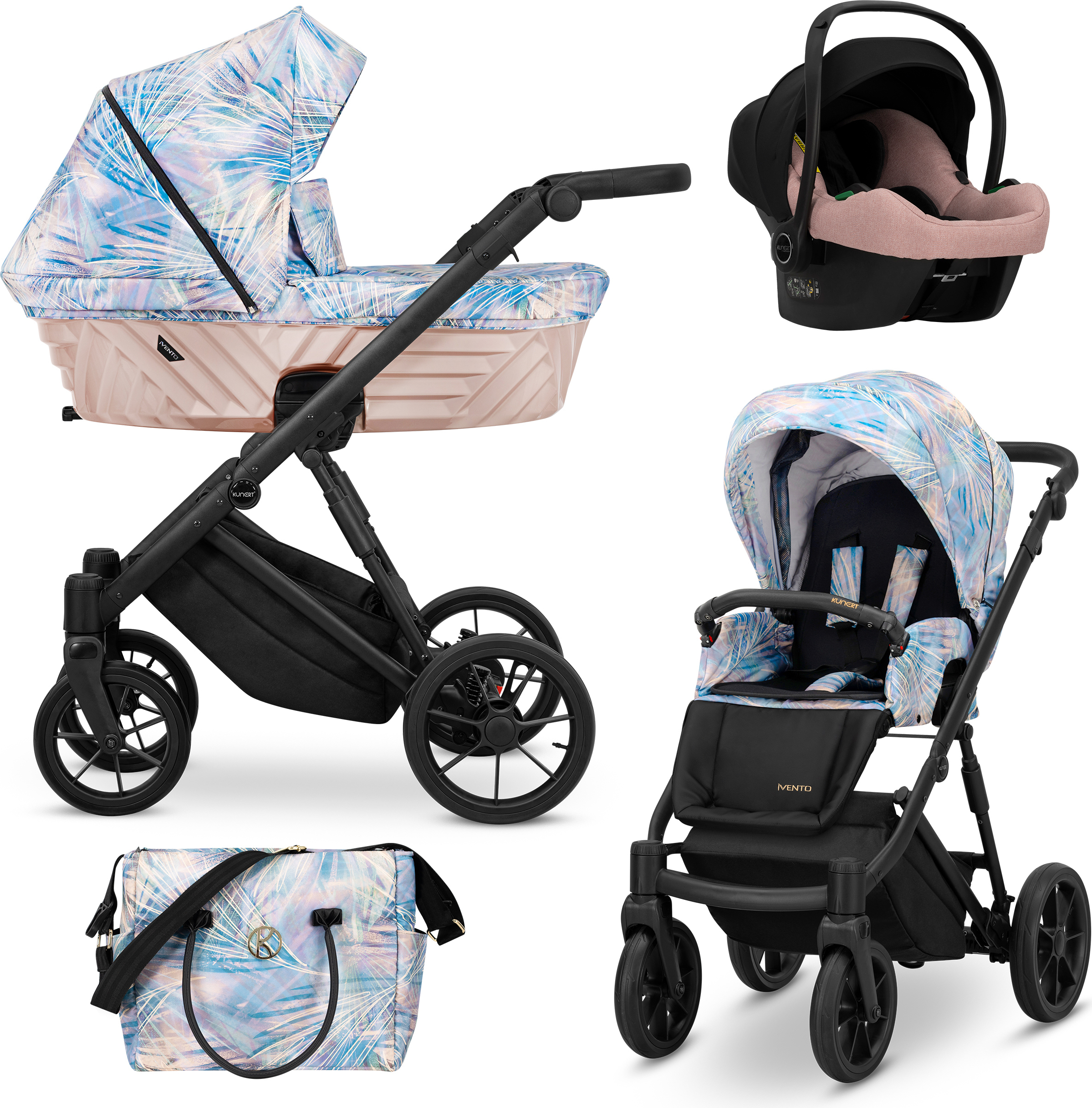 Kunert Kinderwagen IVENTO Sportwagen Babywagen Babyschale Komplettset Kinder Wagen Autositz Set 3 in 1 (Pastel Grass, Rahmenfarbe: Schwarz)