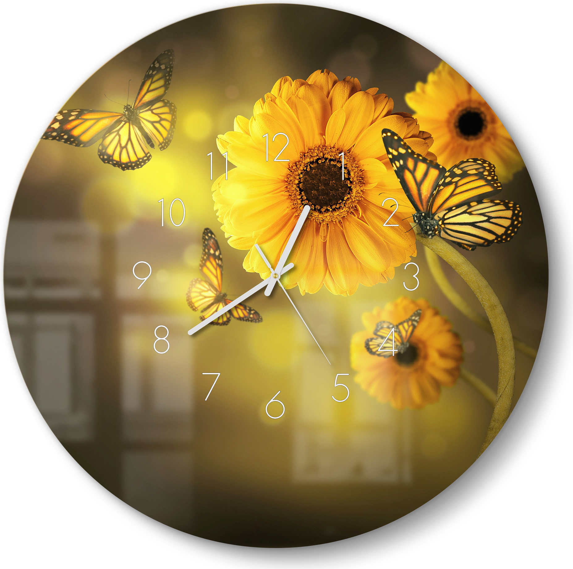 DEQORI Glasuhr Ø50 cm Zahlen 'Frühlingsfreude' Wanduhr Glas Uhr Design leise Küchenuhr WC-D50-N-3683