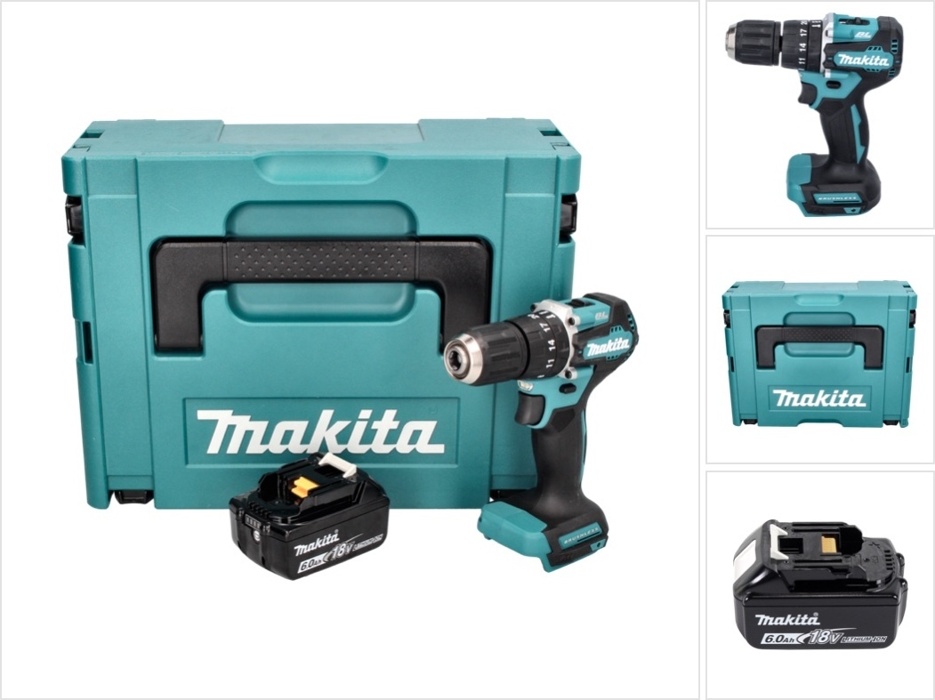 Akumulátorová príklepová vŕtačka Makita DHP 487 G1J 18 V 40 Nm bez kefiek + 1x akumulátor 6,0 Ah + Makpac - bez nabíjačky