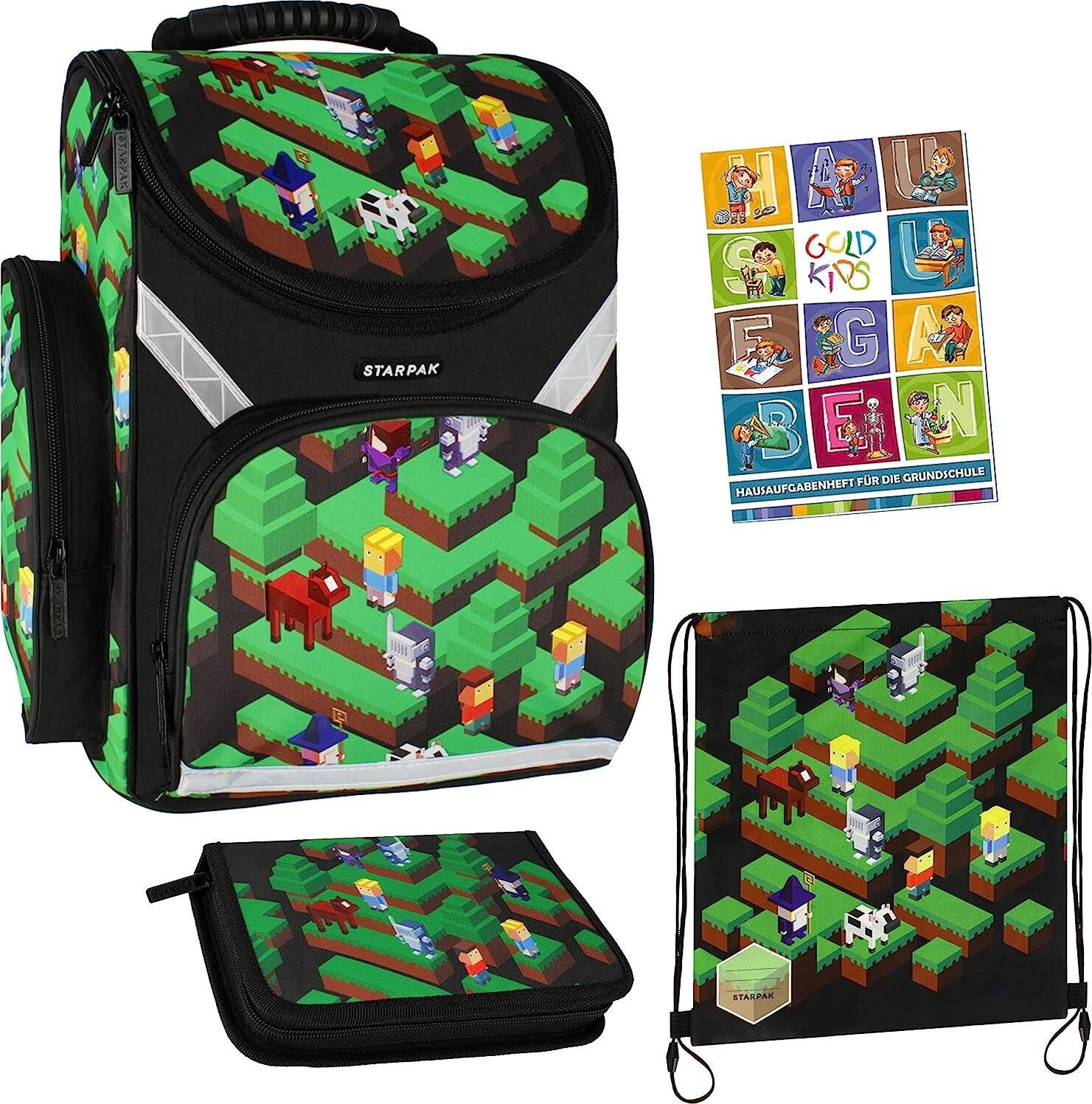 Goldkids Pixel Game Schulranzen ergonomischer Ranzen Federmappe Turnbeutel Aufgabenheft Grundschule 4er Set. Geeignet ab der ersten Klasse der Grundschule