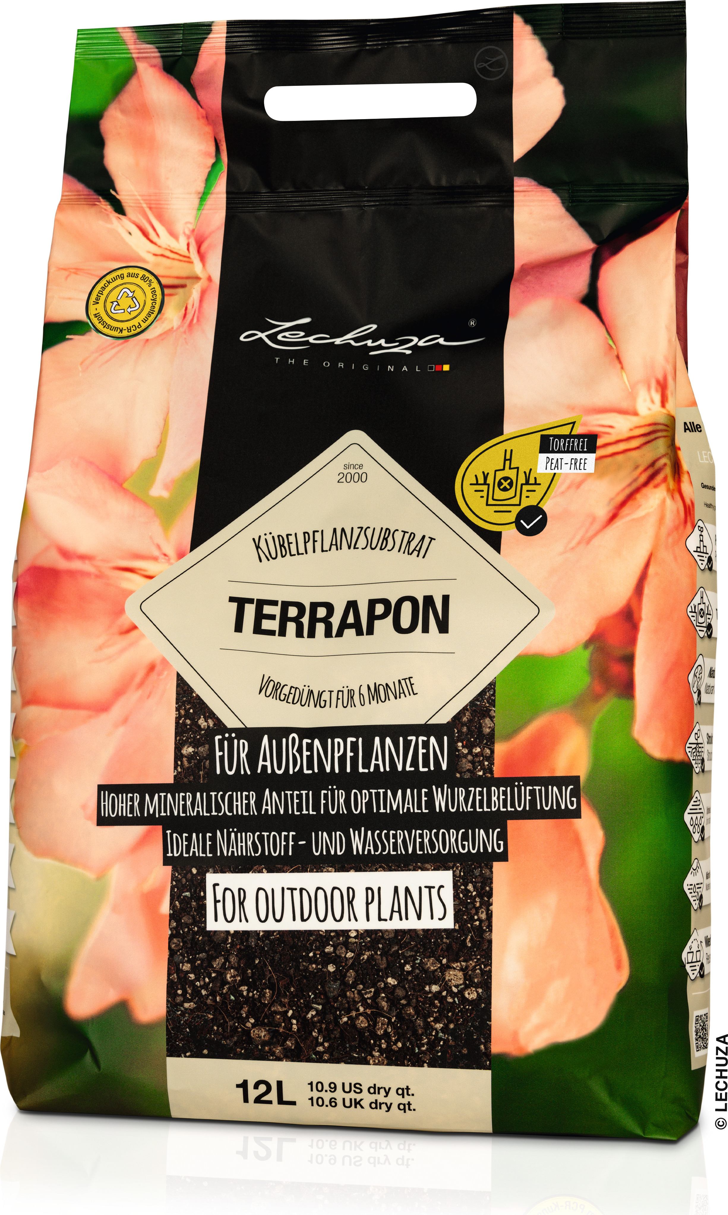 LECHUZA-Pflanzsubstrat TERRAPON 12 Liter | Substrat für alle Außen- und Kübelpflanzen | vorgedüngt und torffrei | 19572