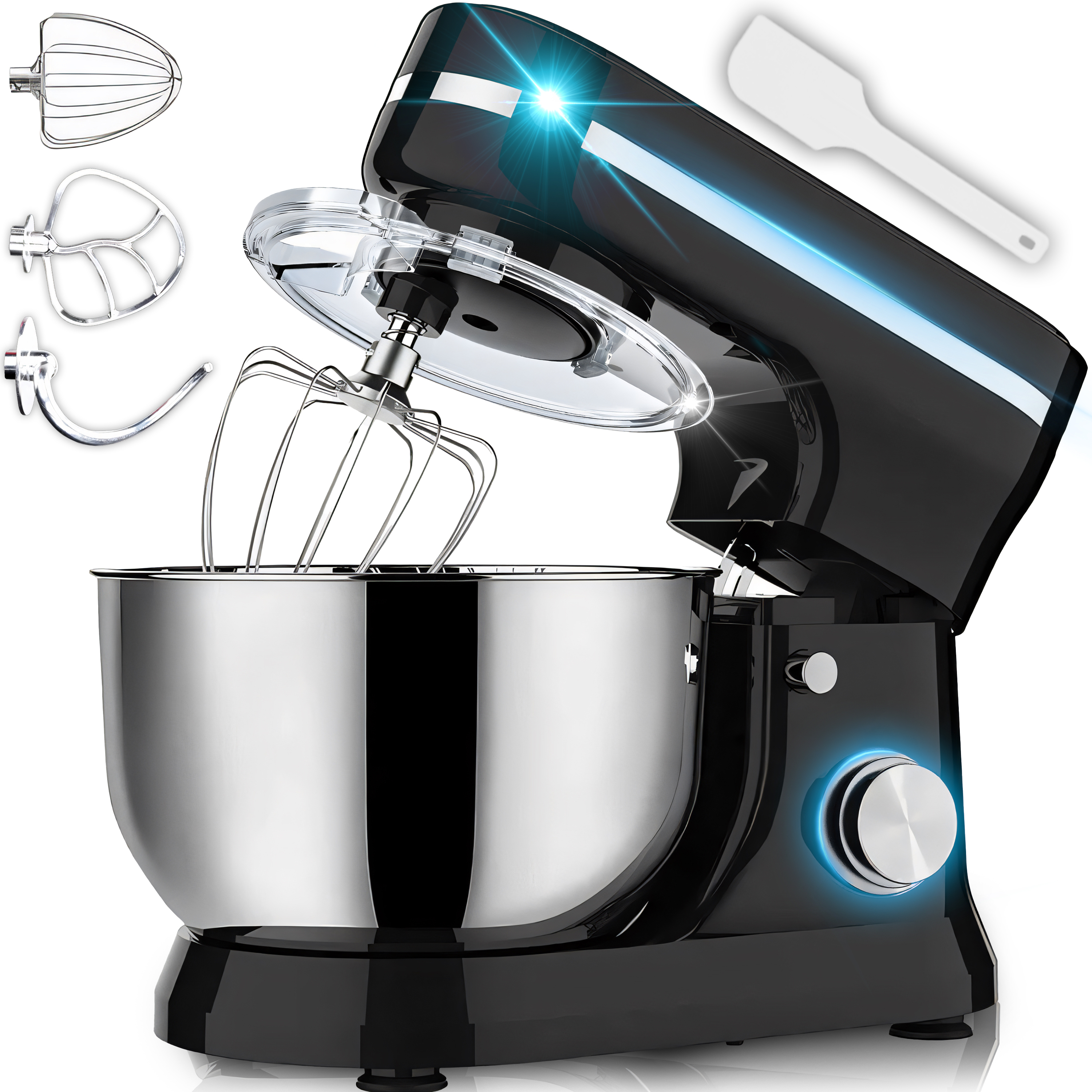 Küchenmaschine 2000W mit 6L Edelstahl-Rührschüssel inkl. Rührhaken, Knethaken, Schneebesen und Spritzschutz, 6 Geschwindigkeiten Schwarz Retoo OR1103