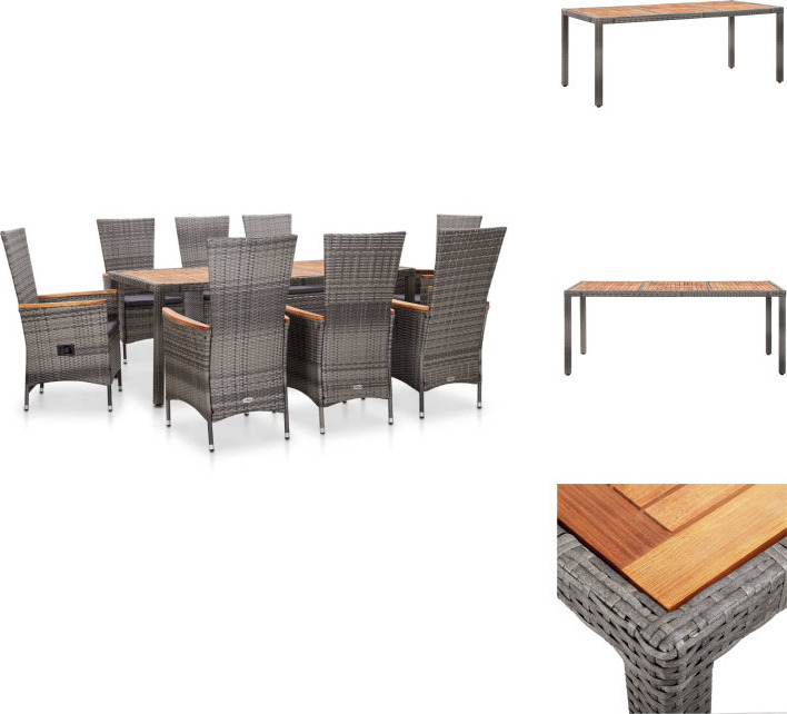 vidaXL 9-dielny záhradný jedálenský set s vankúšmi polyratan sivý - Záhradný nábytok sety