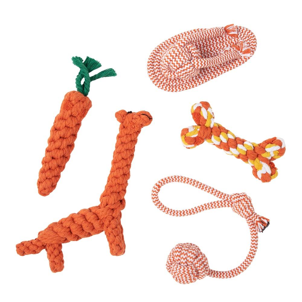 Set mit 5 Seilspielzeugen für Haustiere, Kiwari, aus Polyester und Baumwolle, waschbar und bissfest, Orange