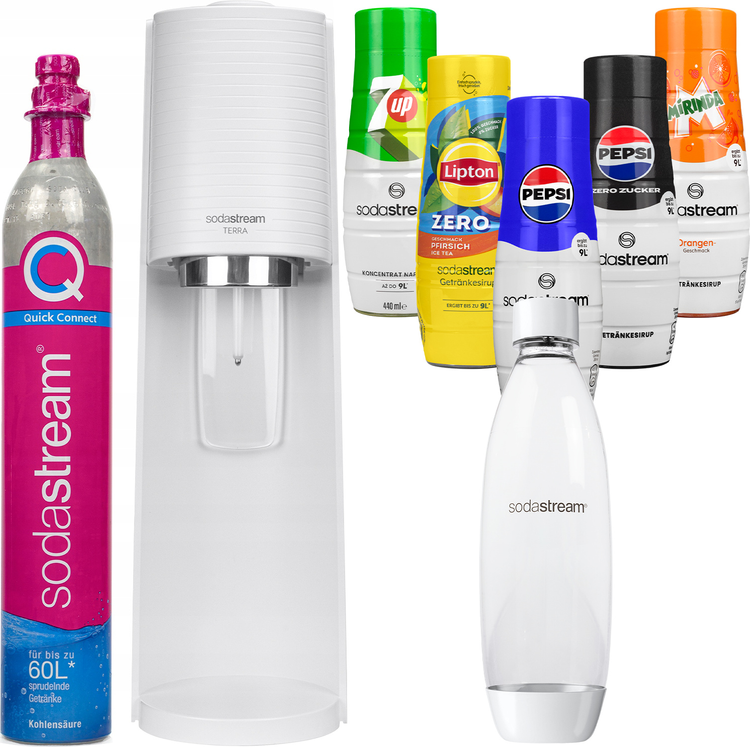 Výrobník sódy SodaStream Terra White + jedna fľaša + 5x sirup Pepsi, Pepsi MAX, Mirinda, 7UP, Lipton Brzoskwinia zero