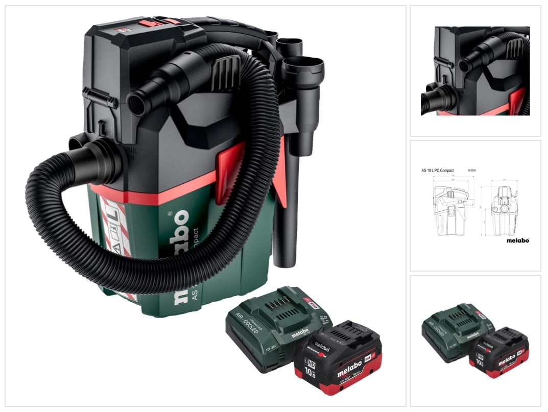 Metabo AS 18 L PC Kompaktný akumulátorový vysávač 18 V 6 l IPX4 prachová trieda L mokré a suché vysávanie + 1x akumulátor 10,0 Ah + nabíjačka