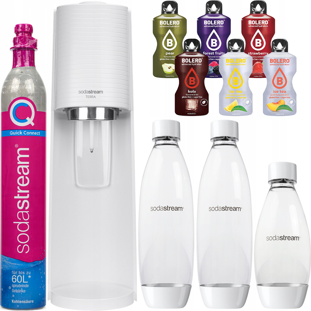 Výrobník perlivej vody SodaStream Terra White + 3 fľaše + Bolero