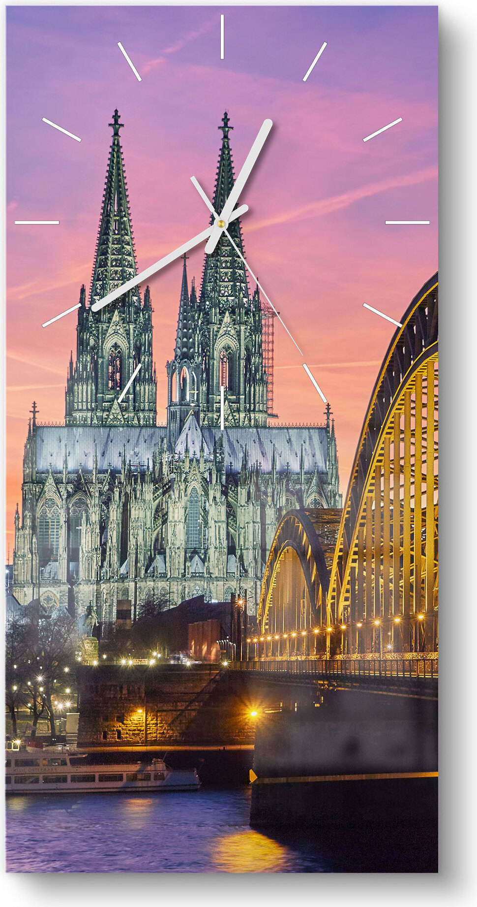 DEQORI Glasuhr 30x60 cm Modern 'Kölner Wahrzeichen abends' Wanduhr Glas Uhr Design leise WC-30-60-M-2350