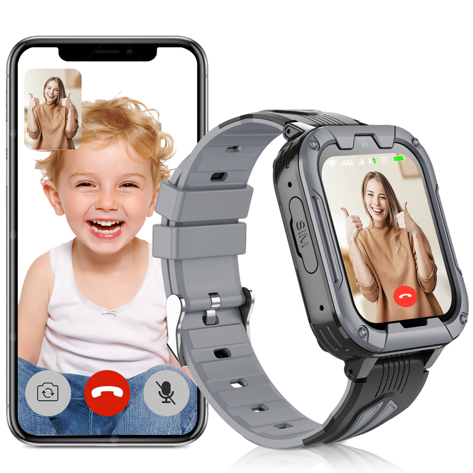 rayofi Kinder Smartwatch 4G mit GPS und Telefonfunktion, Kinderuhr mit WiFi Videoanruf, SOS Anti-Lost, Kamera, Wasserdicht IP68Grau