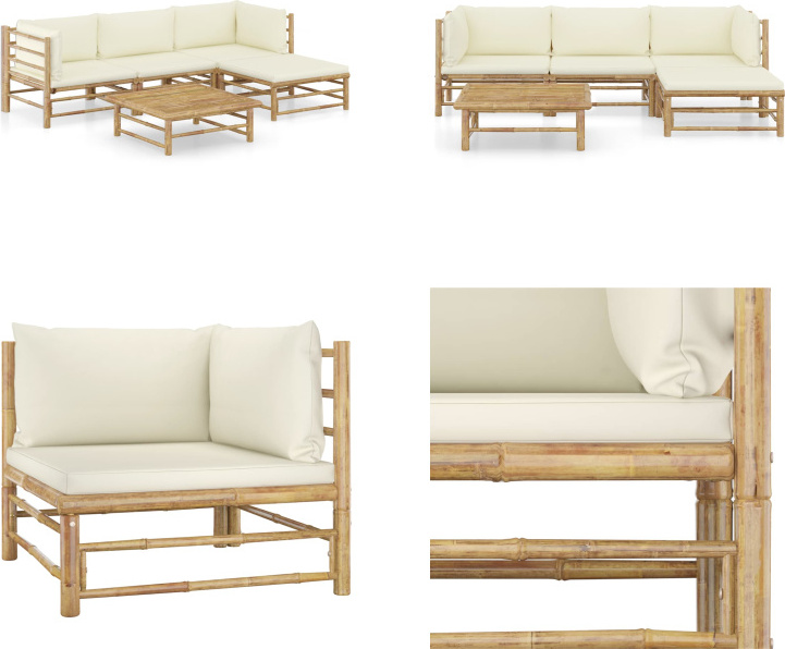 vidaXL 5-dielna záhradná súprava s krémovo bielymi vankúšmi bambus - Záhradná súprava na ležanie - Záhradné súpravy na ležanie - Záhradný nábytok - Súprava záhradného nábytku