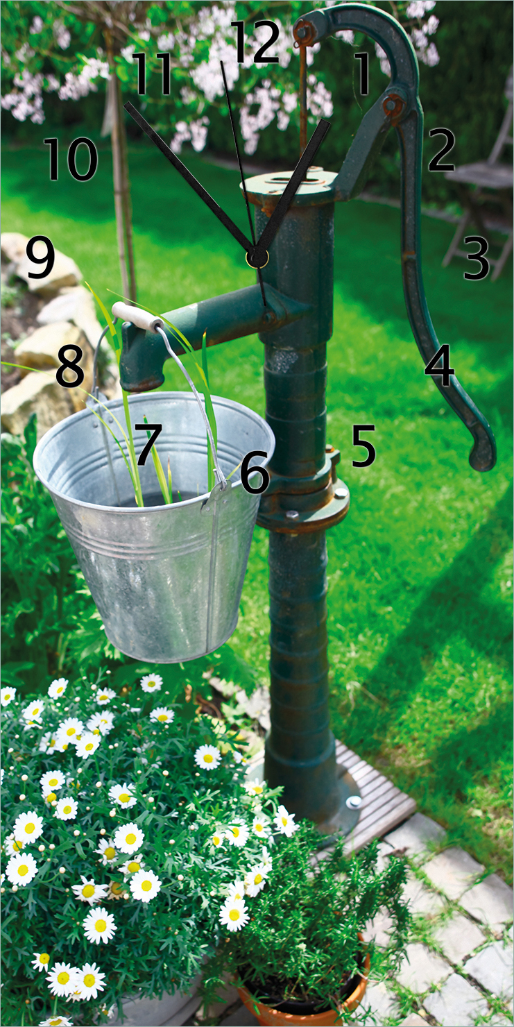 Wallario Design Wanduhr Wasserquelle im Garten aus Echtglas, Größe 30 x 60 cm gugs0200-3060