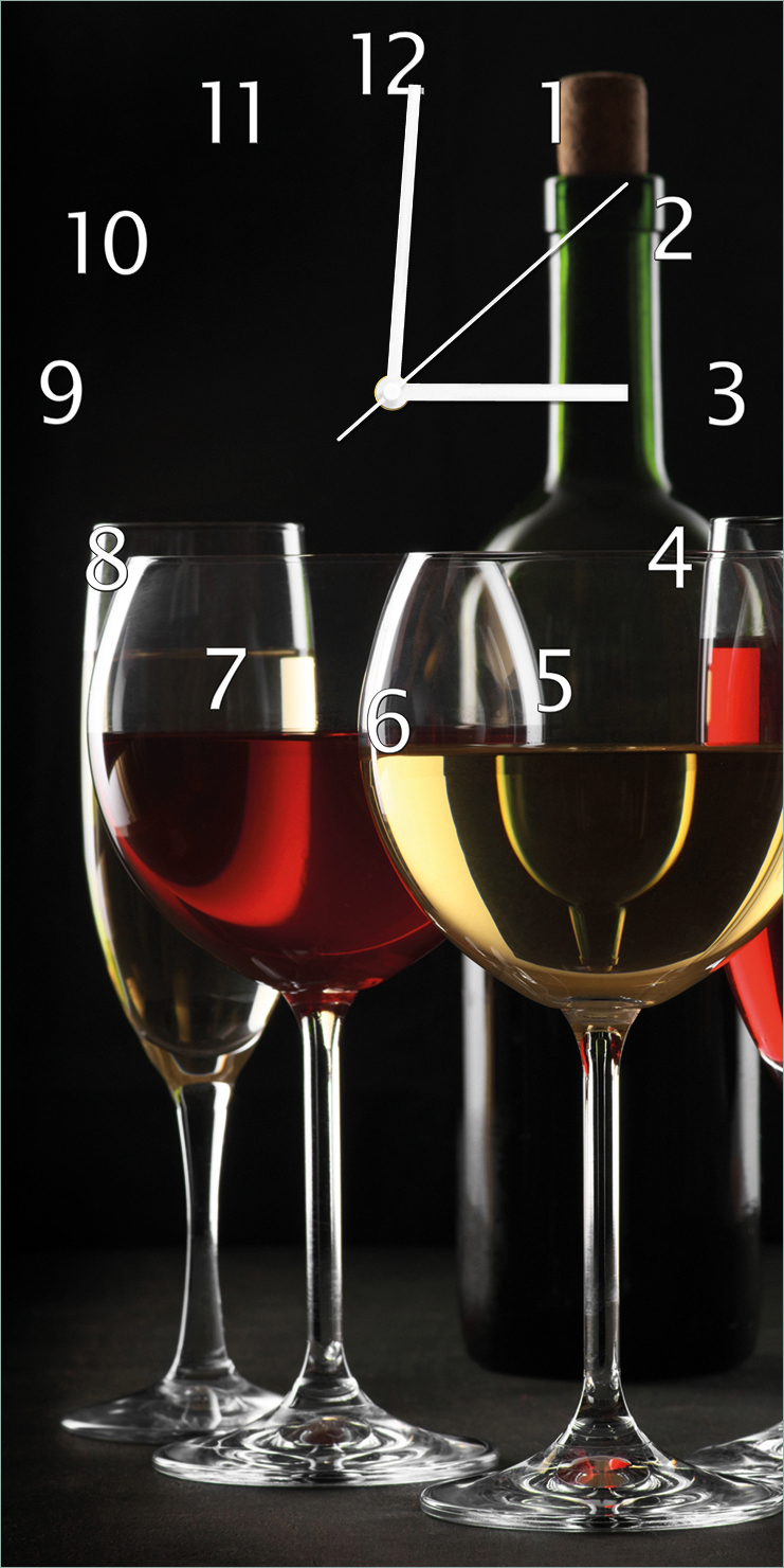 Wallario Design Wanduhr Weinverkostung am Abend aus Echtglas, Größe 30 x 60 cm guk5112-3060
