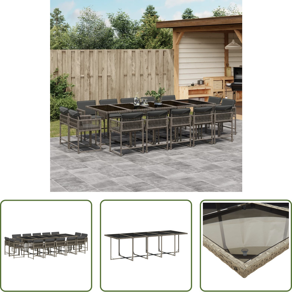 The Living Store 15-dielny záhradný jedálenský set s vankúšmi sivý polyratan