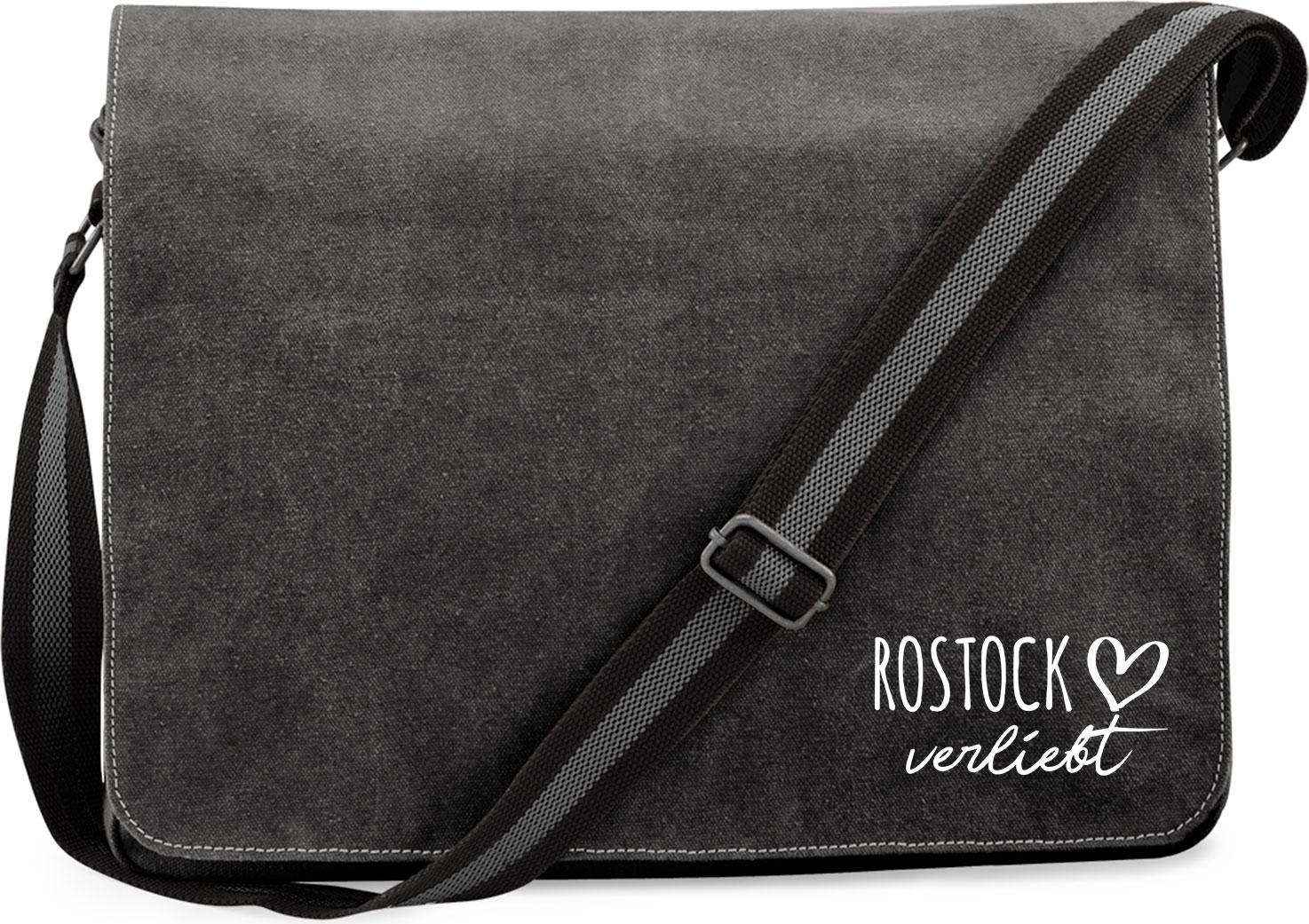 Hellweg Druckerei Huuraa Umhängetasche Rostock verliebt 14 Liter Black Canvas Laptoptasche Geschenkidee 5170CUT-VBLA