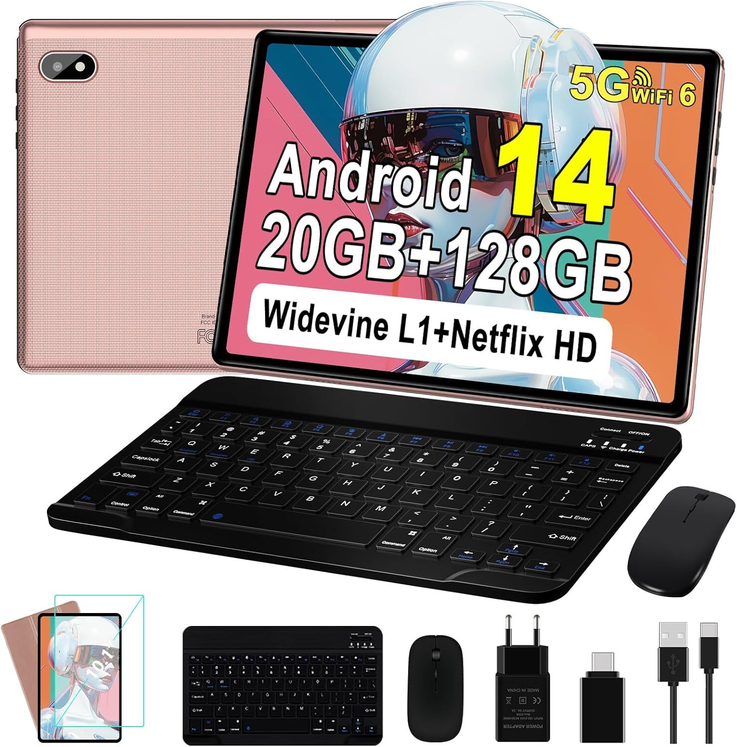 Tablet Android 14 10-palcový počítač 5G WiFi 6 Octa-Core | 20GB RAM + 128GB ROM (TF 1TB) FHD Dvojitá kamera Bluetooth 5.0, Widevine L1, 2025 Najnovšia klávesnica