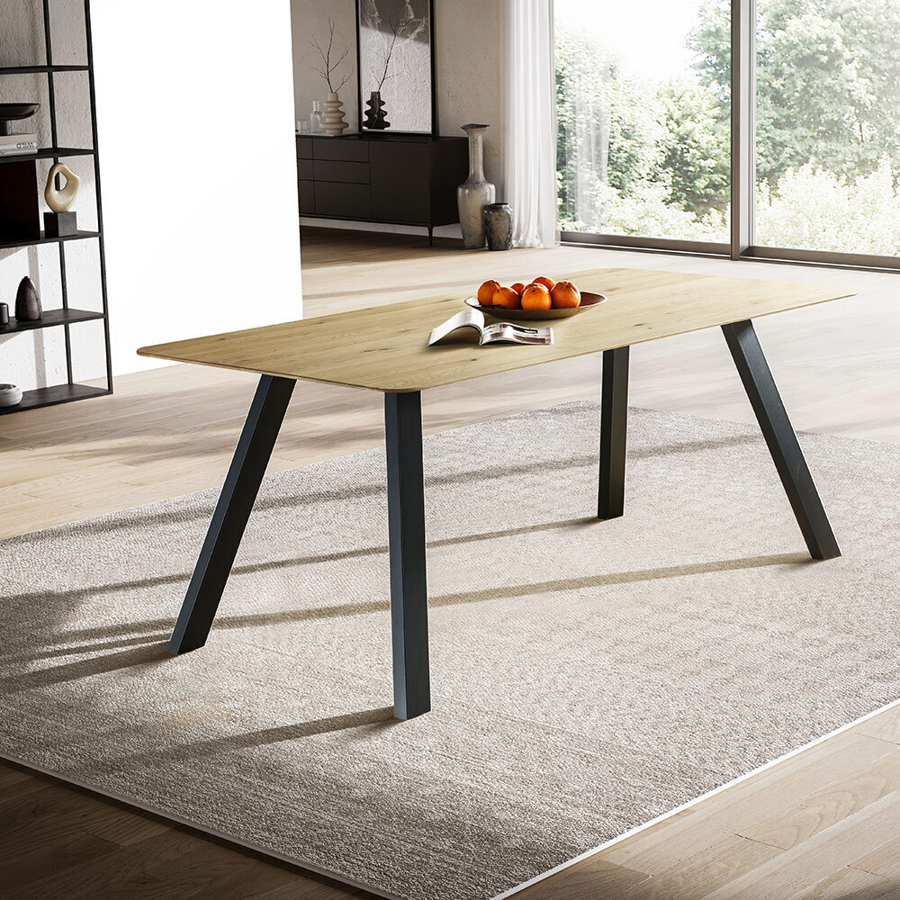 Lomadox Esstisch 180x90cm mit runder Kante, Wildeiche massiv geölt, Metallfußgestell, TISDALE-69 LA69-TISDALE-69-SET14