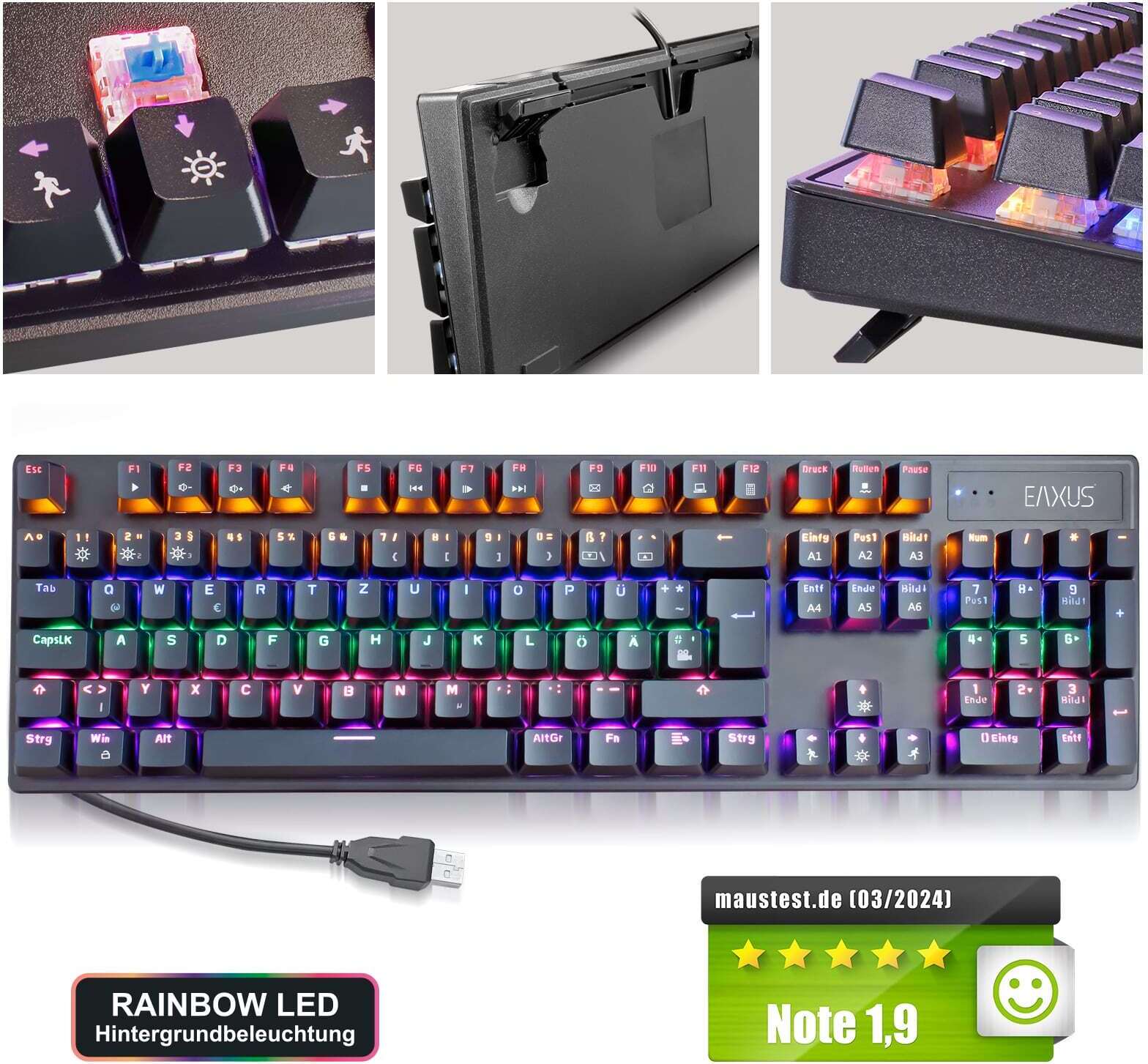 Eaxus® Mechanische Gaming Tastatur - LED Gaming Keyboard mit Makrotasten & Blue Switches, USB 1000 Hz Pollingrate, QWERTZ, Schwarz Mychanics 94420