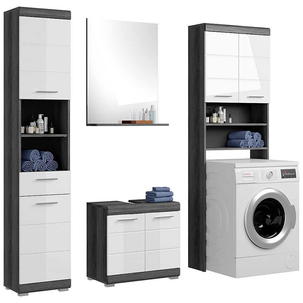 Lomadox Badezimmermöbel Set 4-teilig modern in Hochglanz weiß mit grau SIROCO-158 LA158-SIROCO-158-SET21