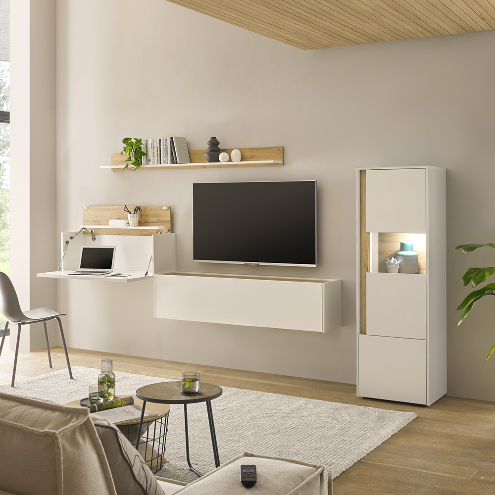 Lomadox Wohnwand weiß mit Eiche CRISP-61 modern 4-teilig mit Homeoffice-Lösung LA61-CRISP-61-HOMEOFFICE-SET8
