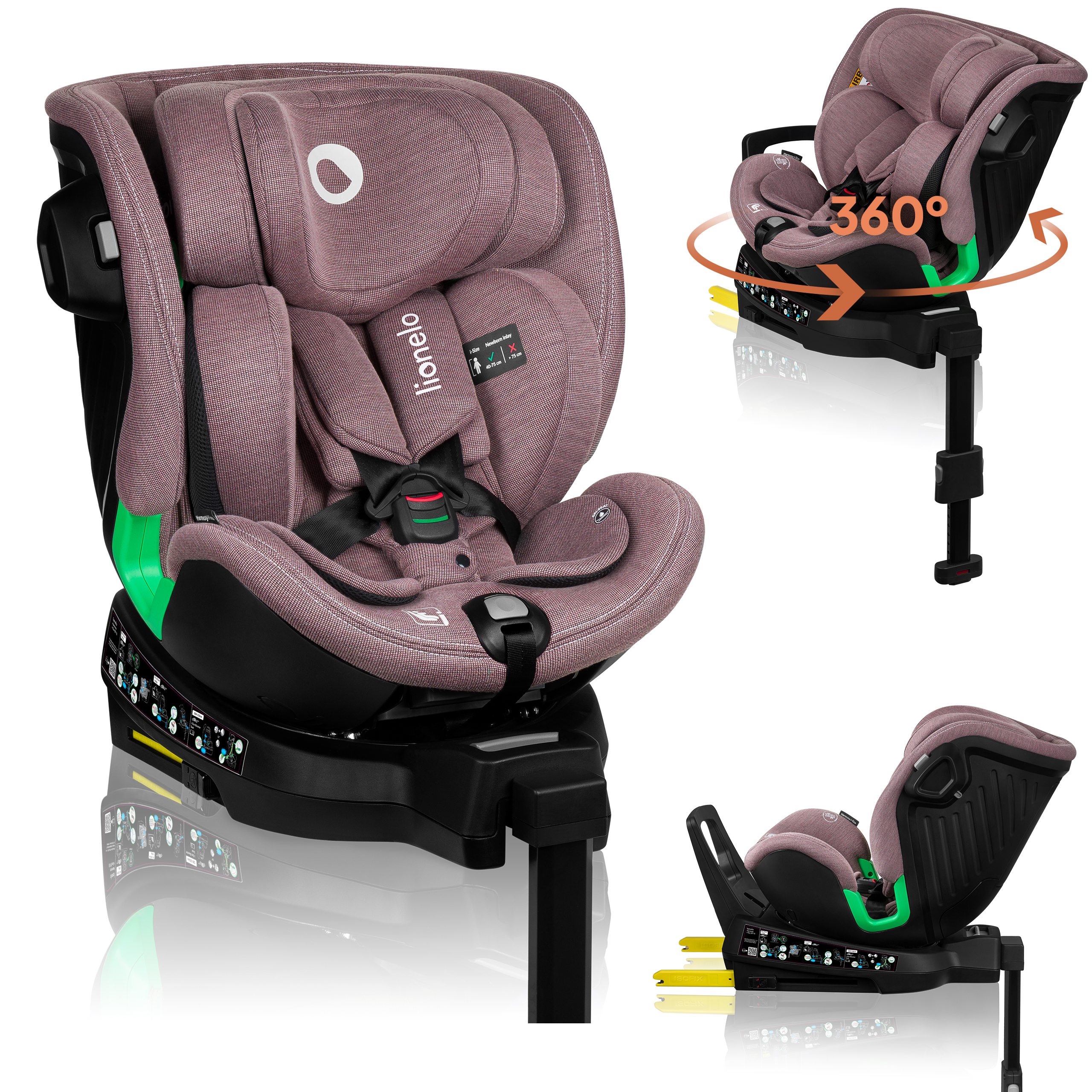 Lionelo Kindersitze Harmony i-Size, 360° EasyTurn Basis, ISOFIX und Stützfuß, BuckleAlarm, Side Impact Guard, Verstellbare Kopfstütze und Rückenlehne - Rose