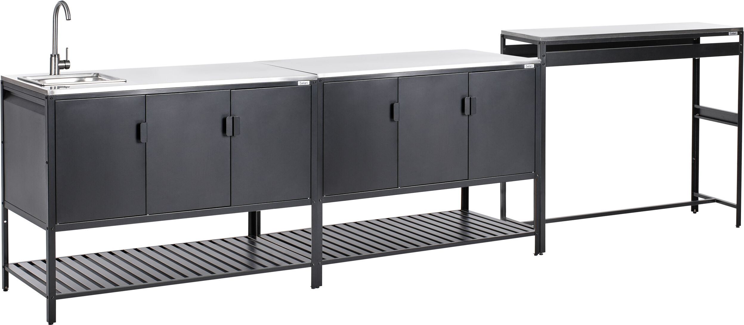 BELIANI Vonkajšie kuchynské skrinky s drezom barový stôl čierna nehrdzavejúca oceľ 3-dverové s doskou záhradná kuchyňa jedáleň