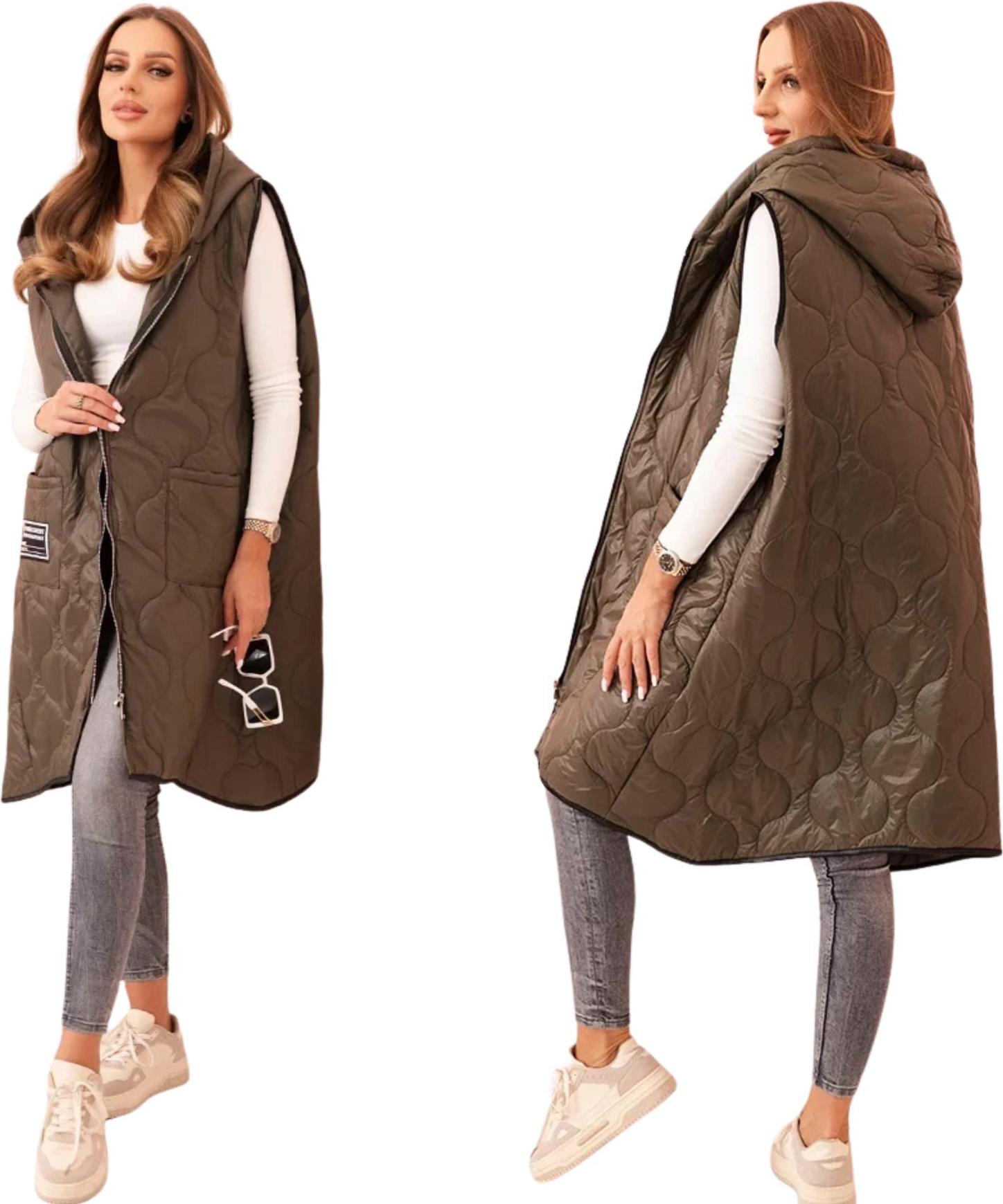 Unbekannt Khakifarbene Damen-Steppweste mit Kapuze und kontrastierender Paspelierung