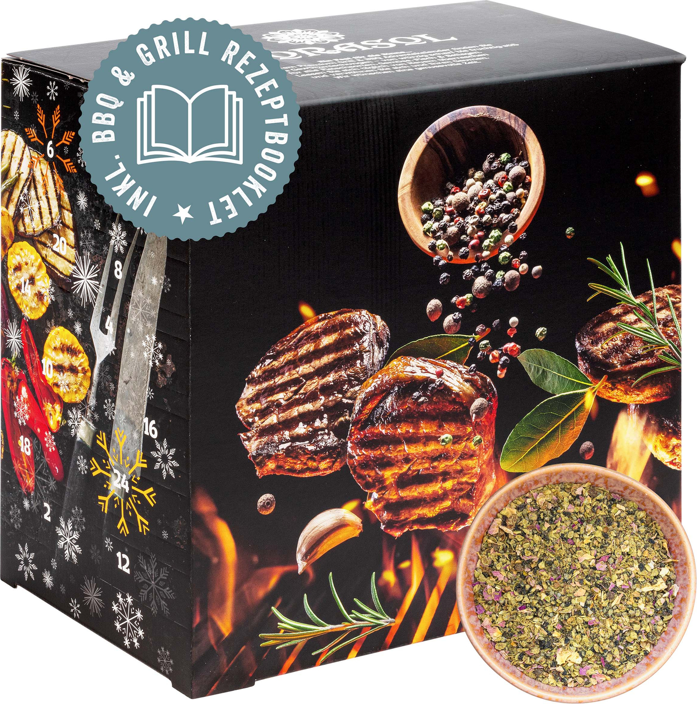 Corasol Premium BBQ & Grillgewürze Adventskalender mit 24 Gewürz-Mischungen und Rezept-Booklet, die Gewürz Gourmet Geschenkidee (284 g) COR60BBQ