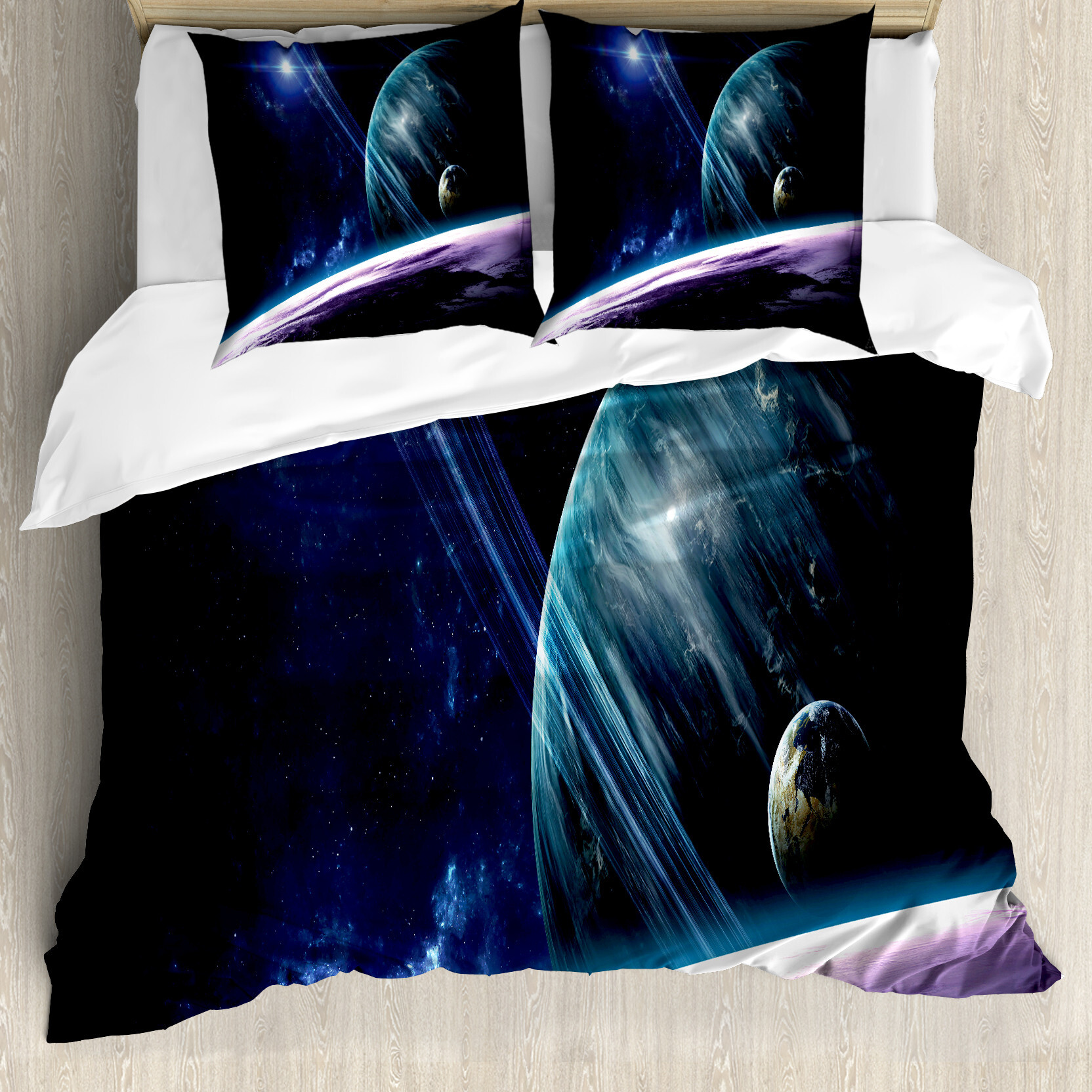 KOZMOS TEKSTL VE GER DÖNÜÜM SANAY TCARET LMTED RKET ABAKUHAUS Platz Bettbezug, Universum mit Planeten, Milbensicher Allergiker geeignet mit Kissenbezügen, 200 cm x 200 cm - 80 x 80 cm, Blau Lila nevde_25220_200x200_de