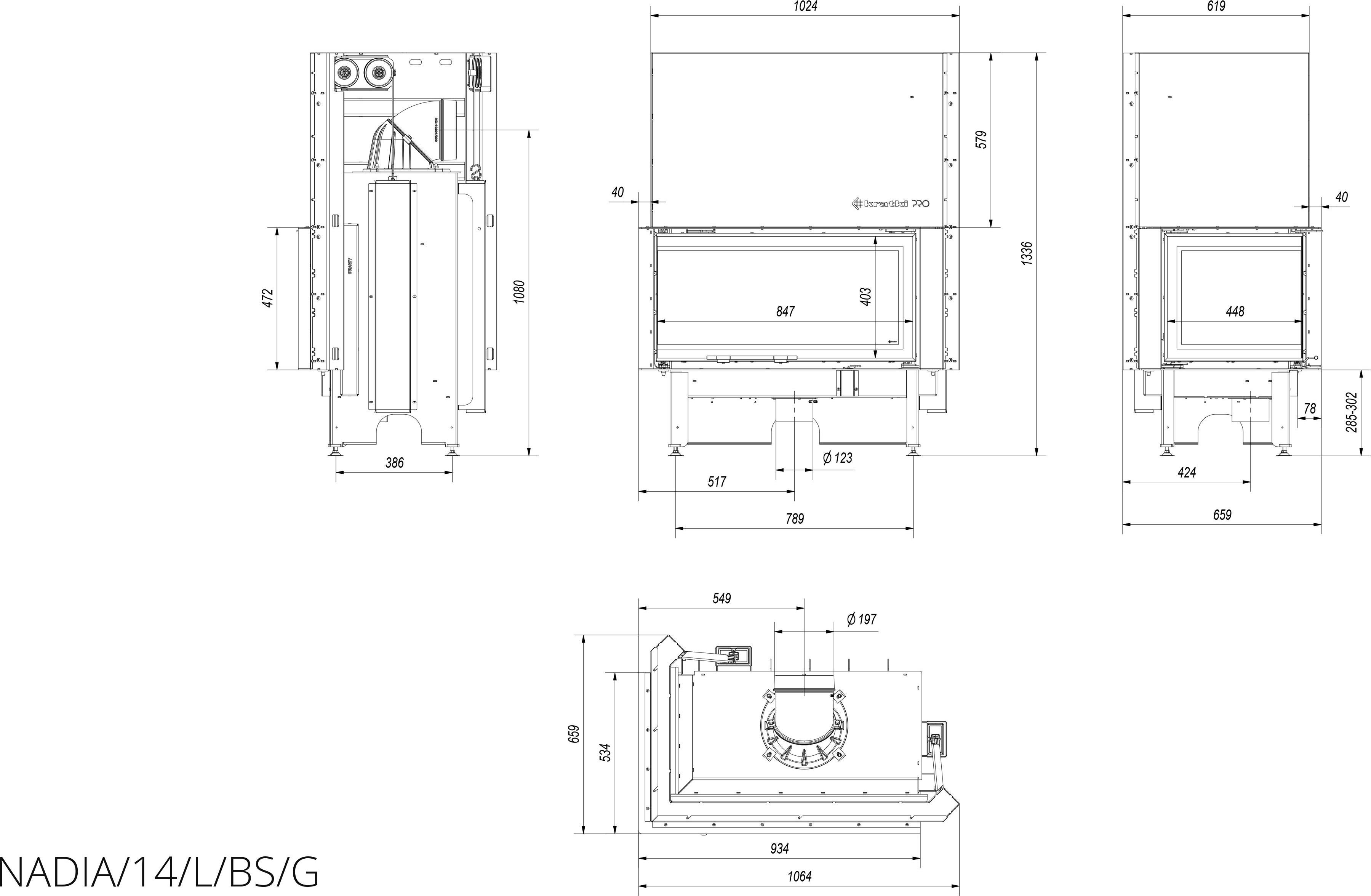 Oceľový krb KRATKI NADIA ľavý 14 kW Ø 200 Zdvíhací čierny thermotec