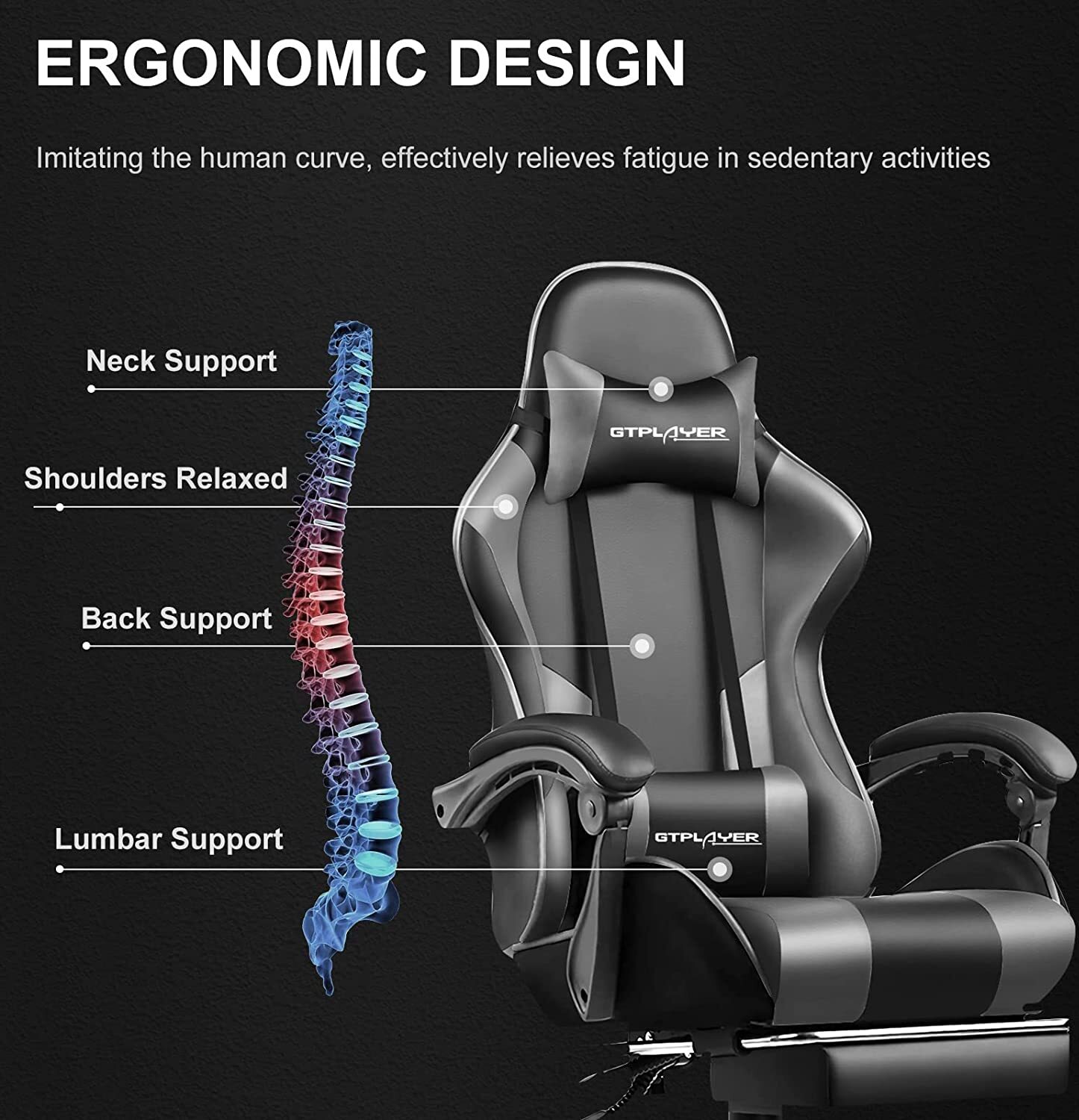 Herná stolička GTPLAYER, ergonomická kancelárska stolička s masážnou funkciou a opierkou na nohy, rám s madlami, oceľová základňa, sivá