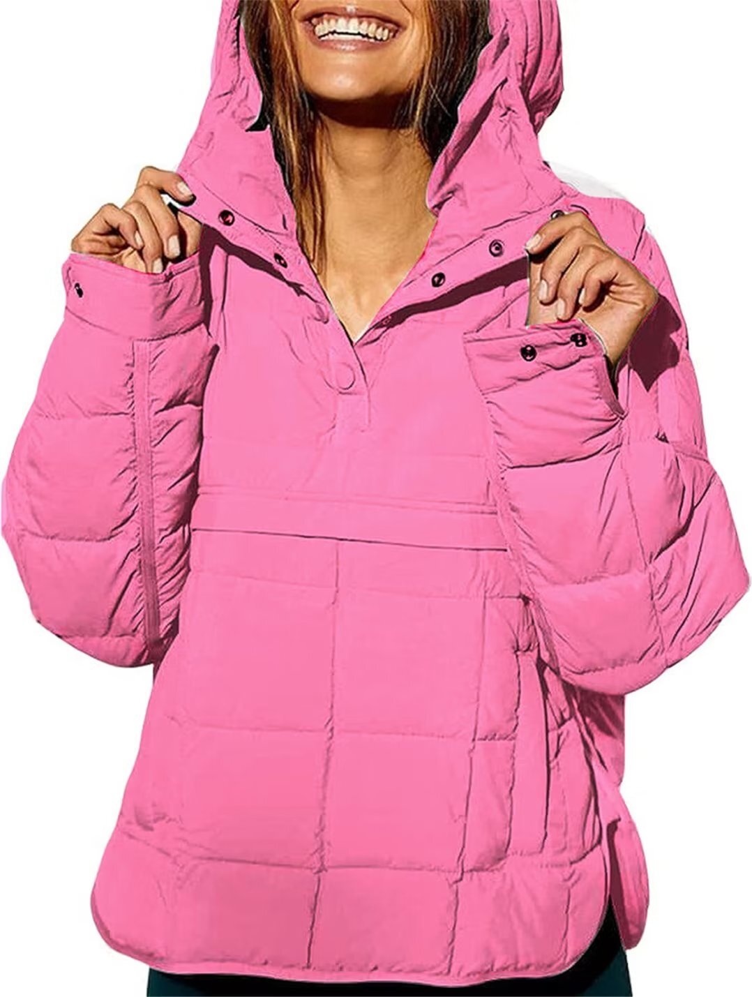 ASKSA Damen Pufferjacke Stepppullover Gesteppt Kapuzenpullover Langarm Jacke Leichte Warme Wintermaentel, Rosa, XL