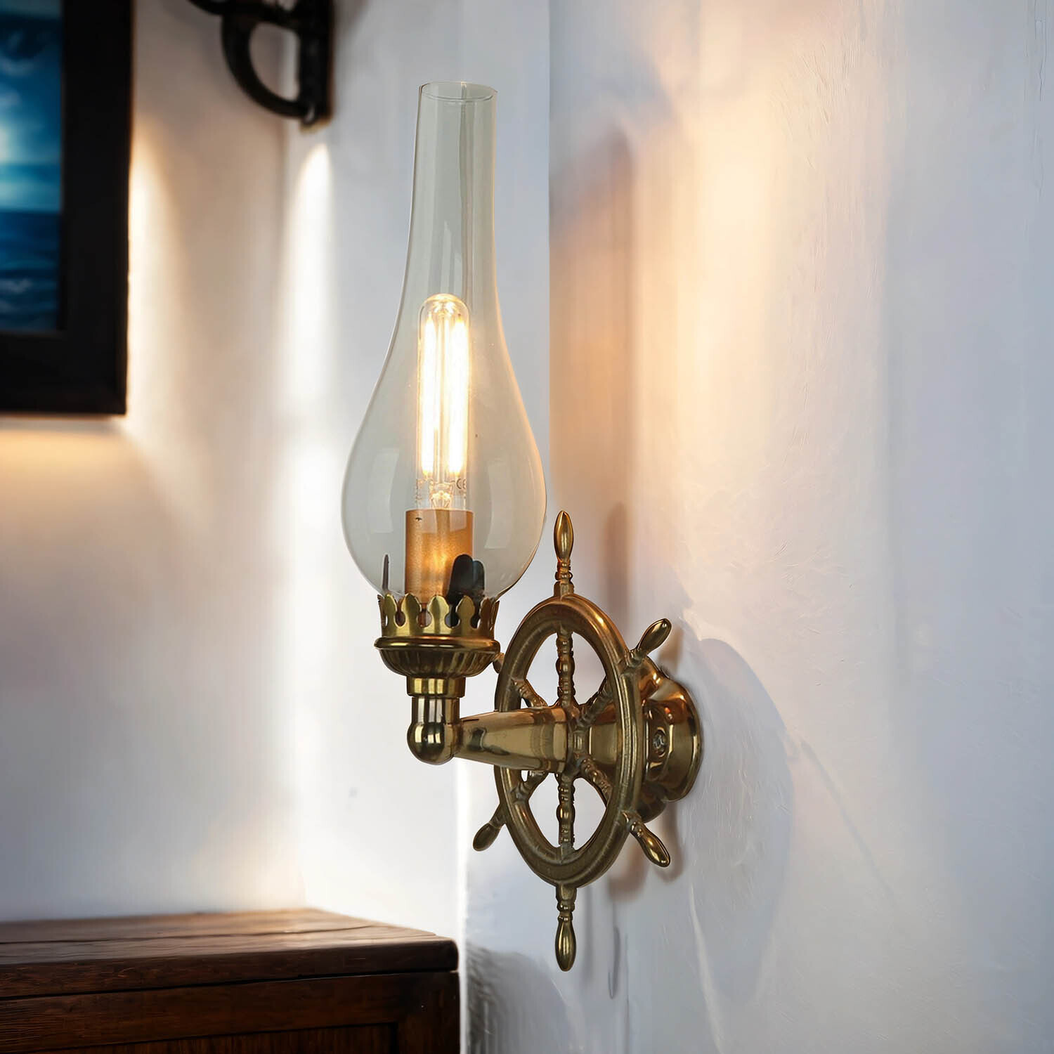 Licht-Erlebnisse Wandlampe Messing massiv Glas Maritim Anker Sextant H: 32 cm E14 Wandleuchte Badezimmer Flur innen