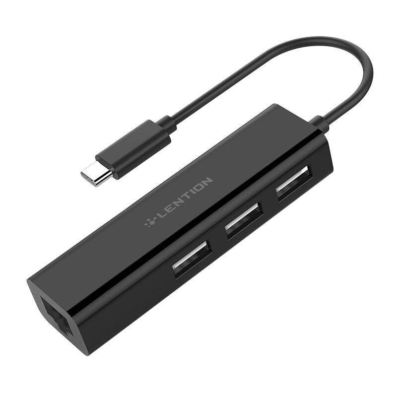 Lention hub, USB-C na 3x USB 2.0 + Ethernet adaptér, čierny