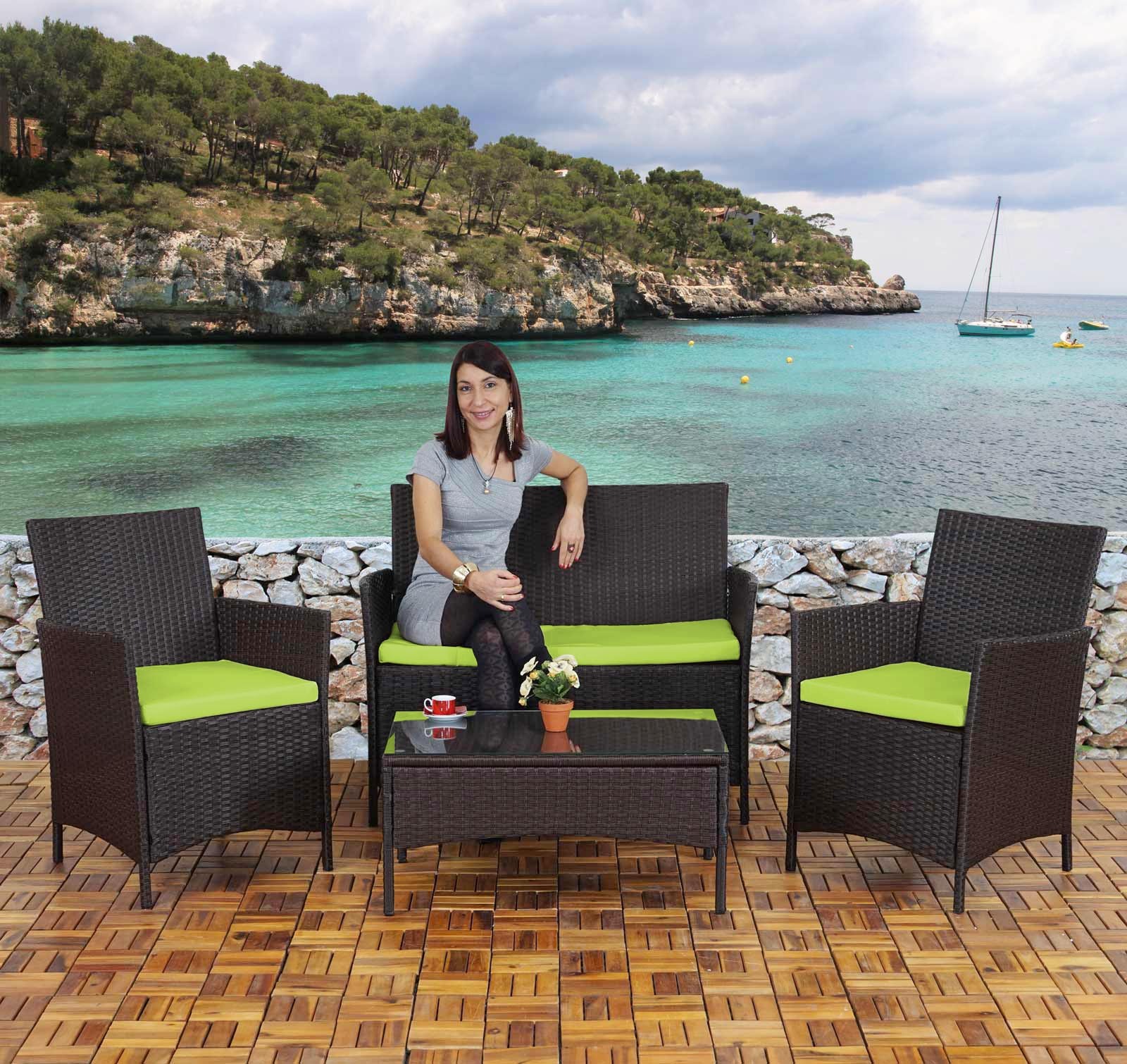 2-1-1 Poly-ratanová záhradná súprava Halden, Sedacia súprava Lounge Set Sofa ~ hnedá fľakatá, vankúše zelené