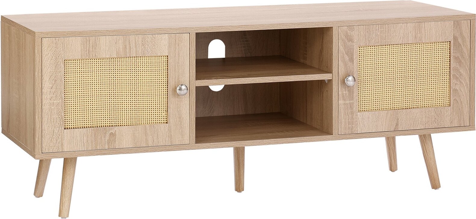 Sweiko Rattan-TV-Ständer, Fernsehschrank Boho-TV-Schrank für 140 cm Fernseher, Retro-TV-Ständer, Rattan-TV-Konsole mit verstellbaren Regalen & 2 Türen, für Wohnzimmer, Medienraum, Eiche SS-SSWQEU005944