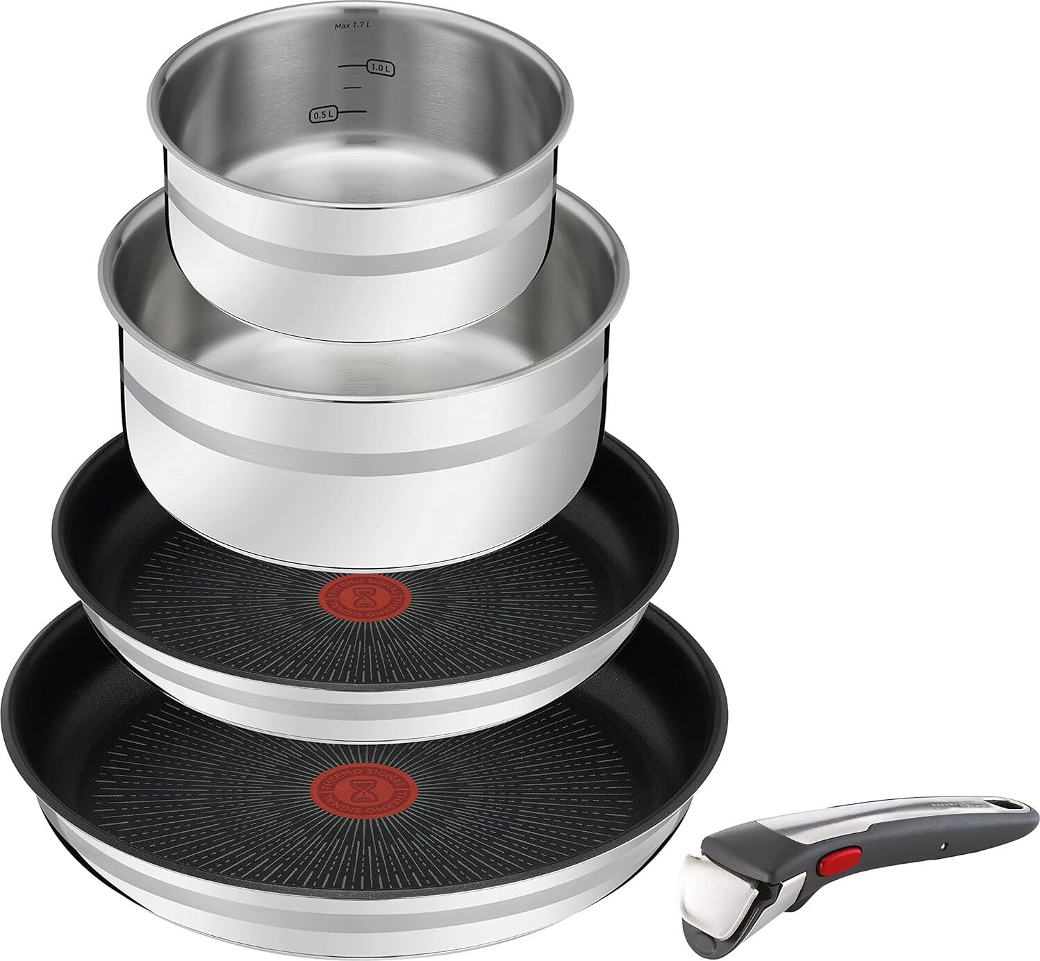 Tefal 5-teiliges Pfannen- und Topfset, ofenfest bis 250°C ohne Griff, Thermosignal, PFOA-frei, für alle Herdarten inklusive Induktion, Edelstahl/Schwarz