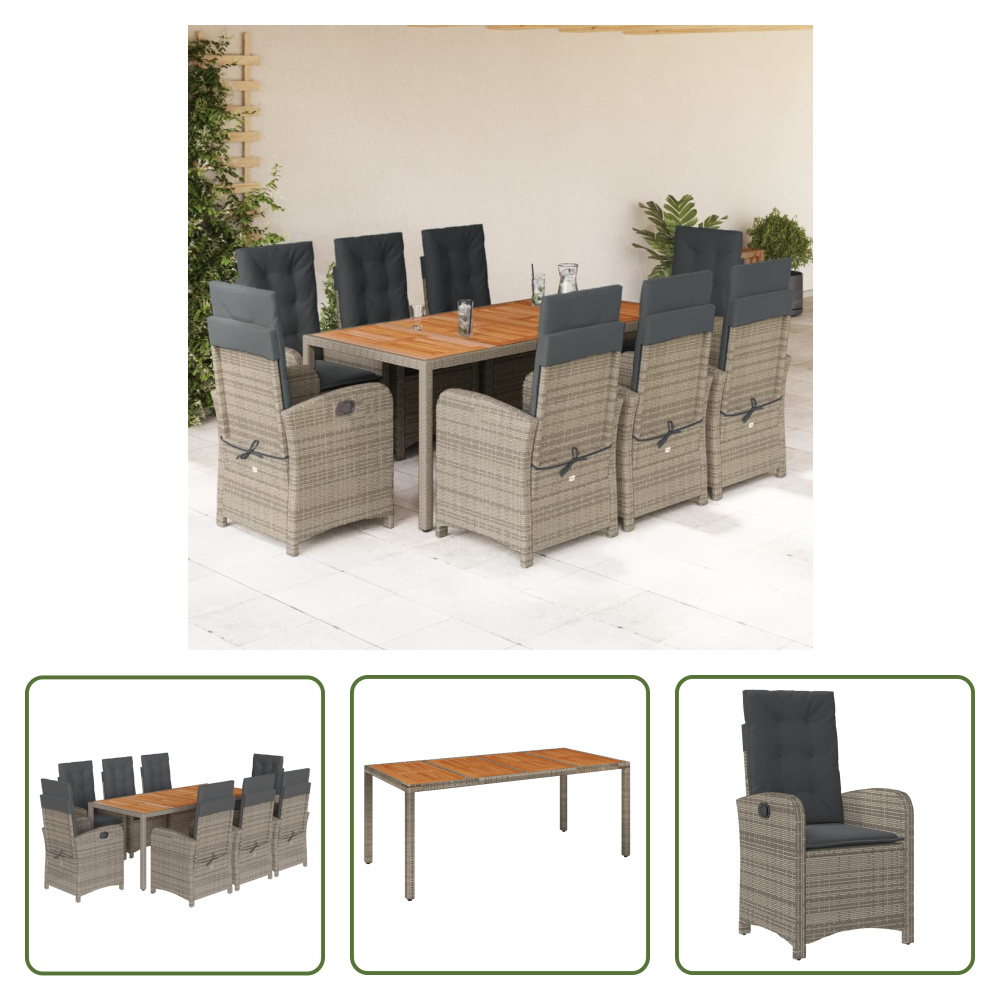The Living Store 9-dielny záhradný jedálenský set s vankúšmi sivý polyratan