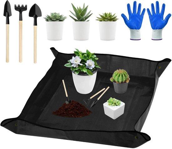 Unyqoos® Faltbare, wasserdichte Pflanz- & Umtopfmatte 100×100 cm | PE-Material, Kupferschnallen, inkl. Schaufel, Harke, Pflanzkelle & Nylonhandschuhe