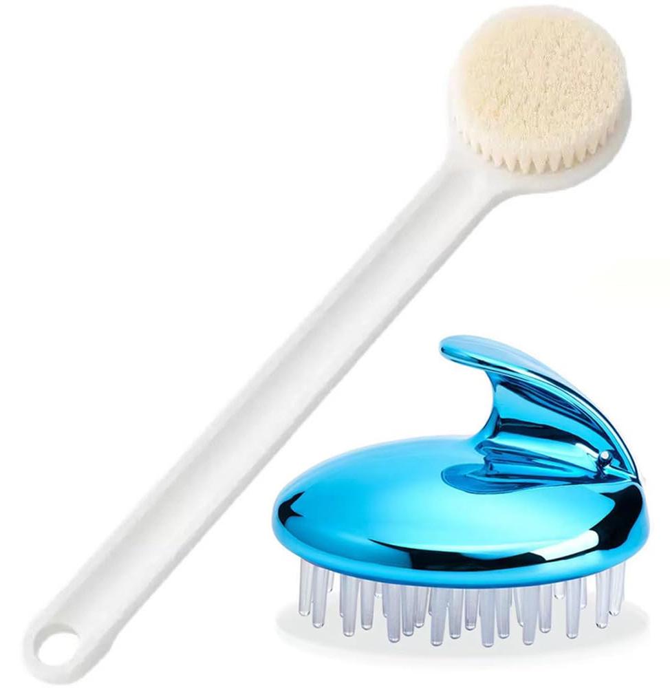 Markenlos Duschbürsten- und Kopfmassagebürsten-Set, Rückenduschbürste mit langem Griff, Kopfmassagebürste, Shampoobürste, Naturborsten, Peeling-Effekt, für sauberes Haar und einen gepflegten Körper