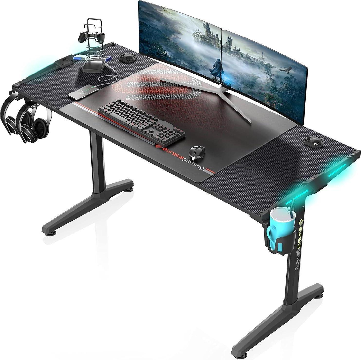 Gaming Tisch LED Groß Gamer 140x60 cm Kabelmanagement Getränkehalter Kopfhörerhalter Schwarz