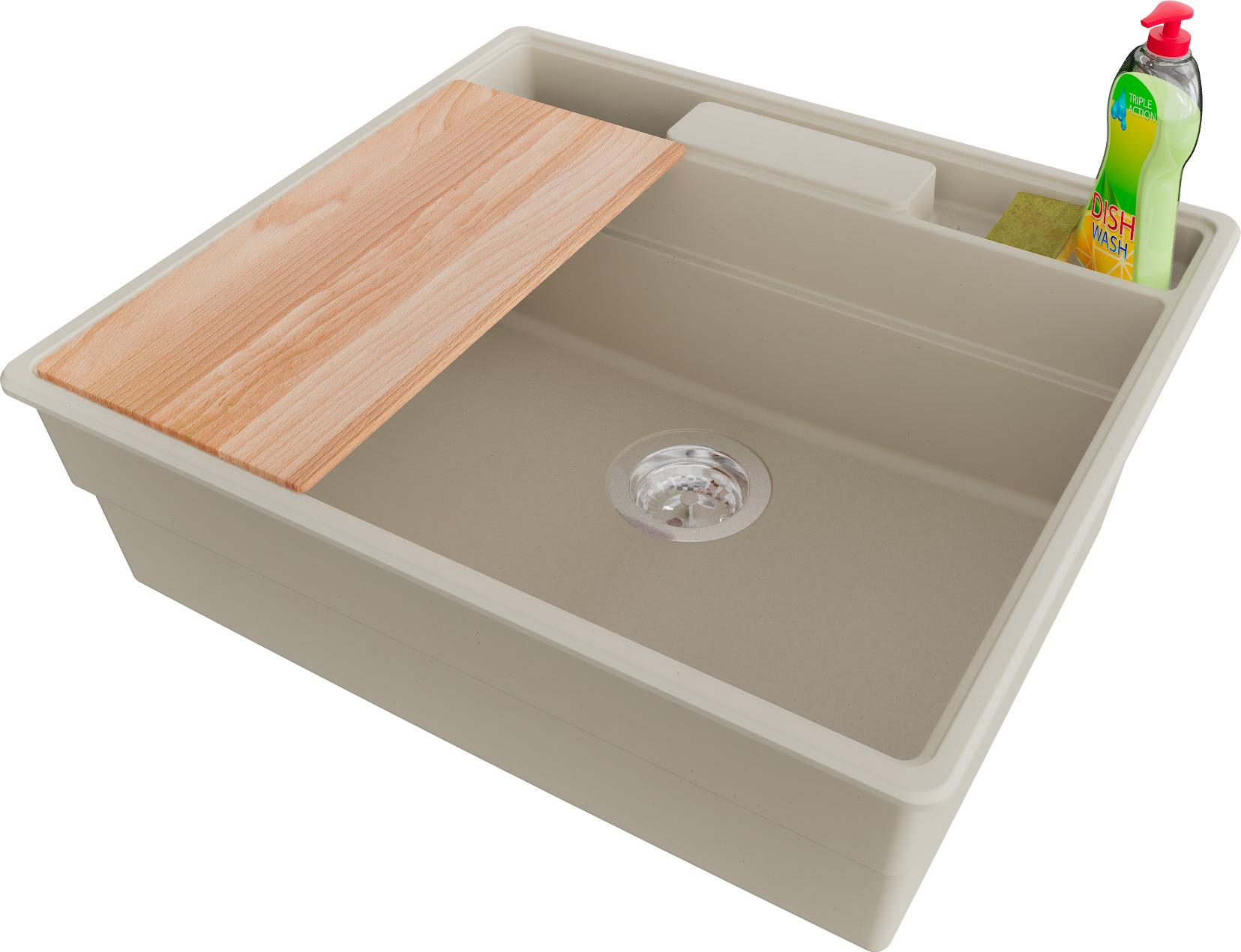 PRIMAGRAN Spülbecken Beige 58x53cm, Granitspüle 1 Becken + Ablauf-Set + Küchenzubehörset, Küchenspüle ab 60er Unterschrank - New York